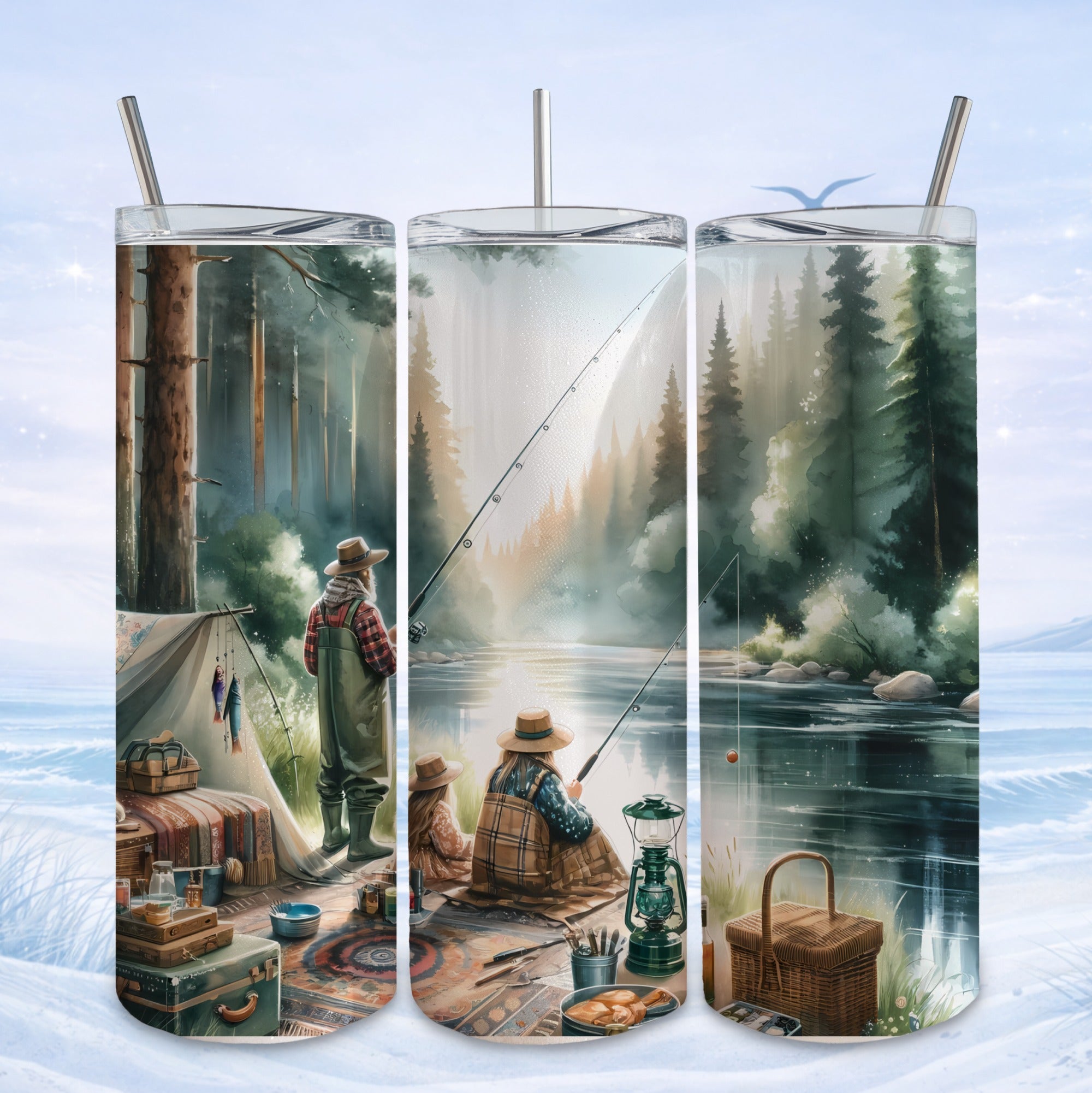 Two people fishing by a campfire with a tent and picnic setup.