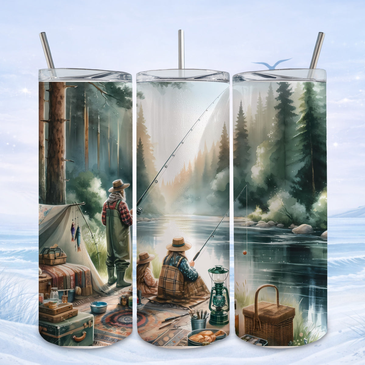 Two people fishing by a campfire with a tent and picnic setup.