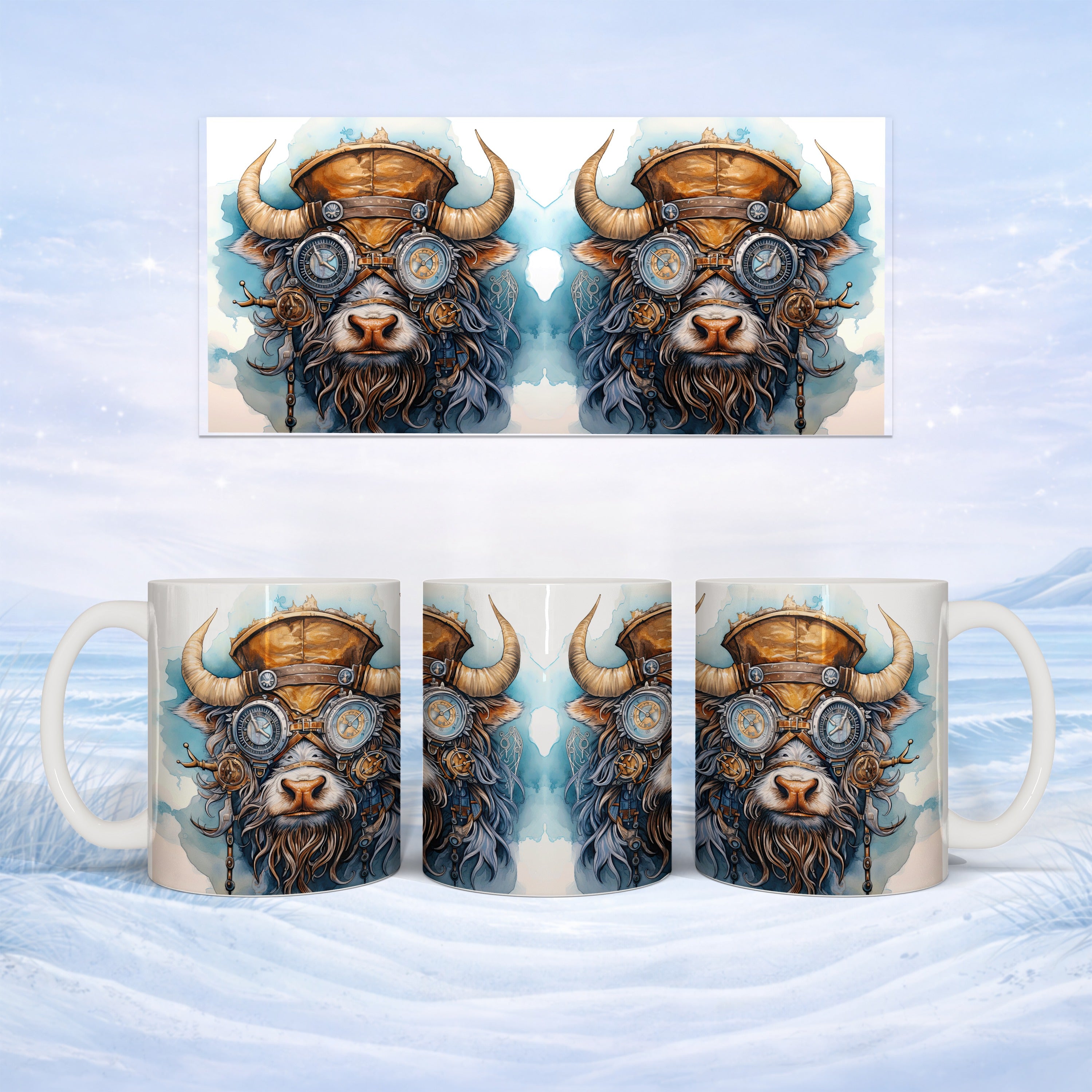 Steampunk bull head with goggles on white mug three views.
