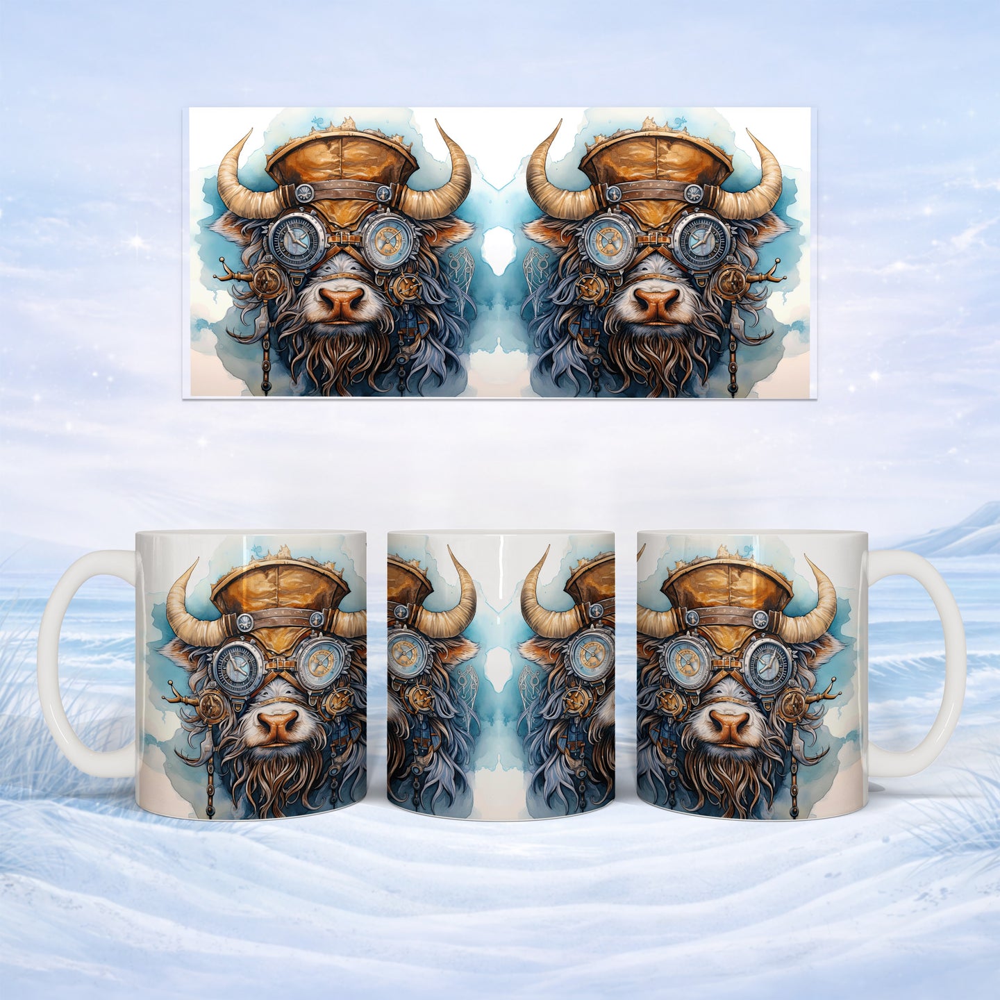 Steampunk bull head with goggles on white mug three views.