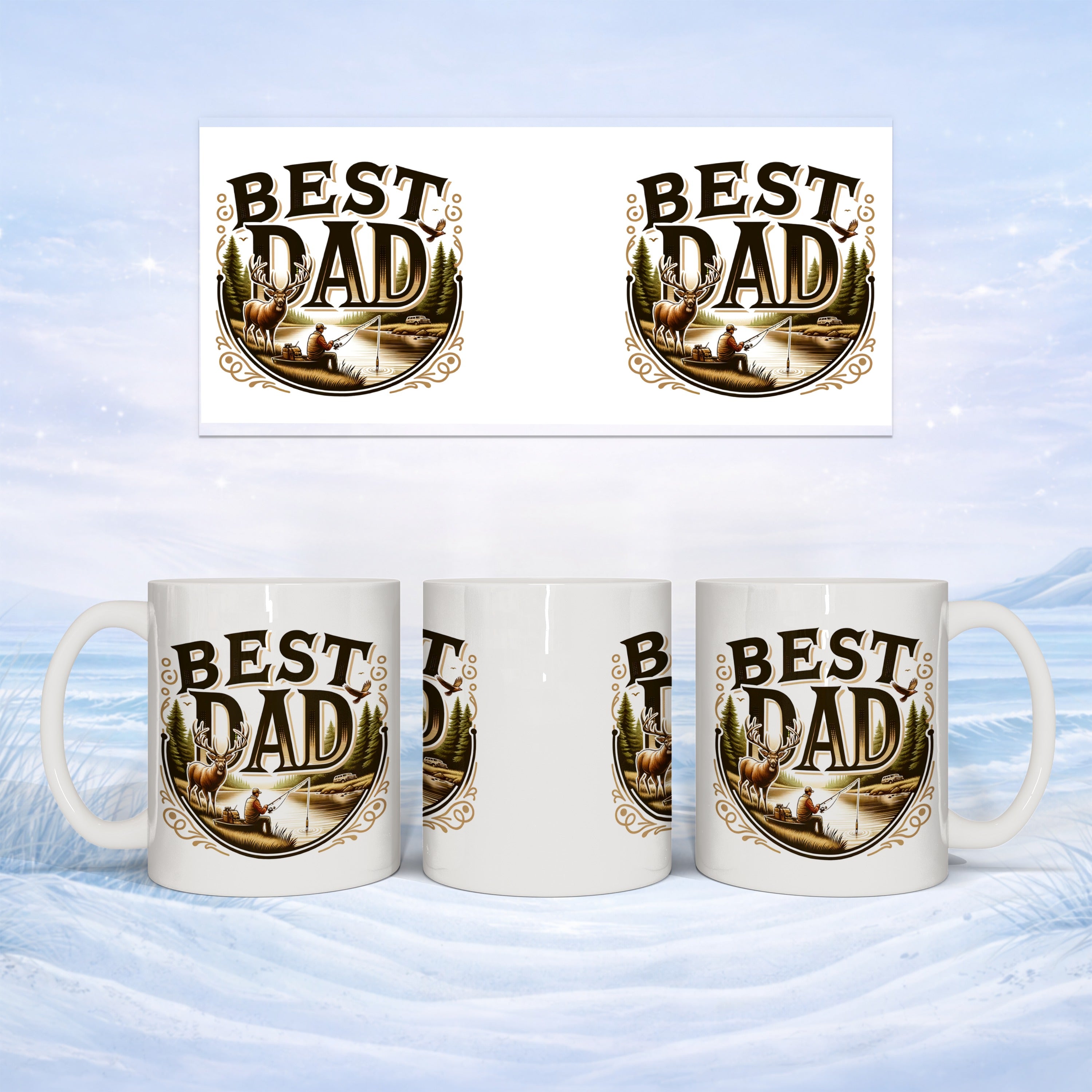 Mug with "Best Dad" text and fishing scene, shown from multiple angles.