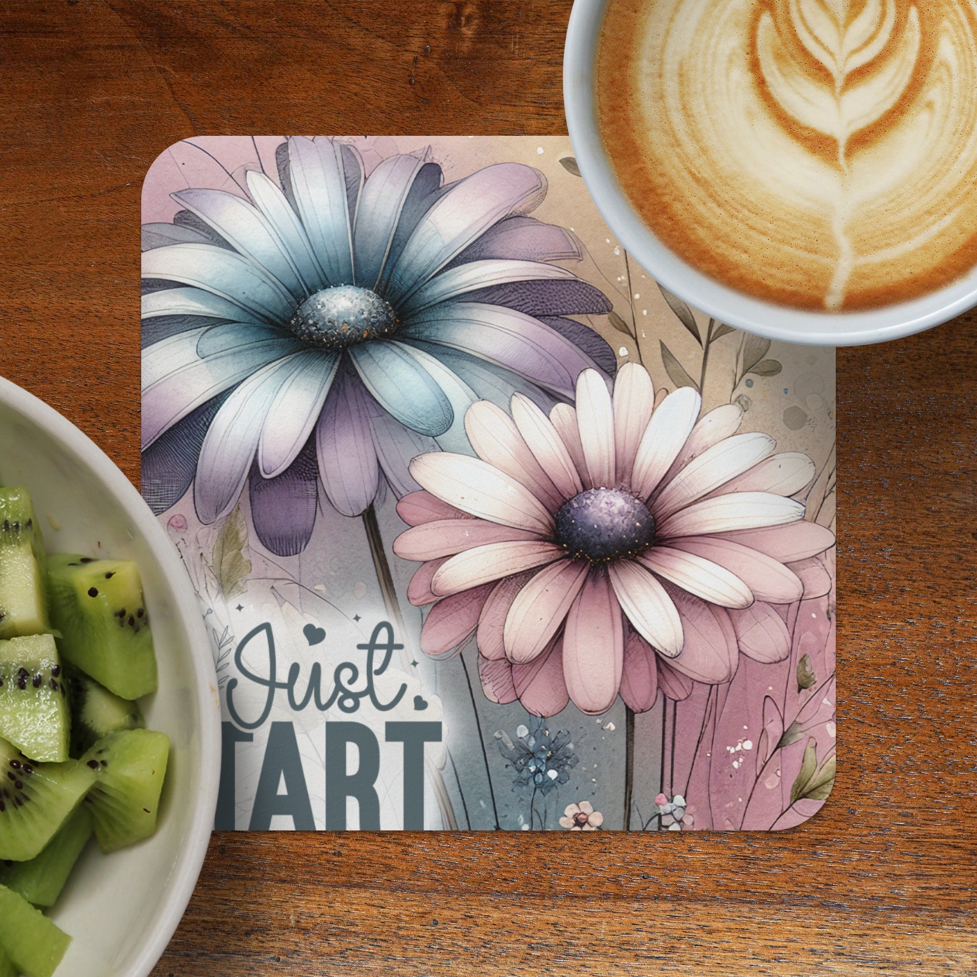 Two watercolor daisies with "Just Tart" text, next to kiwi fruit and coffee.
