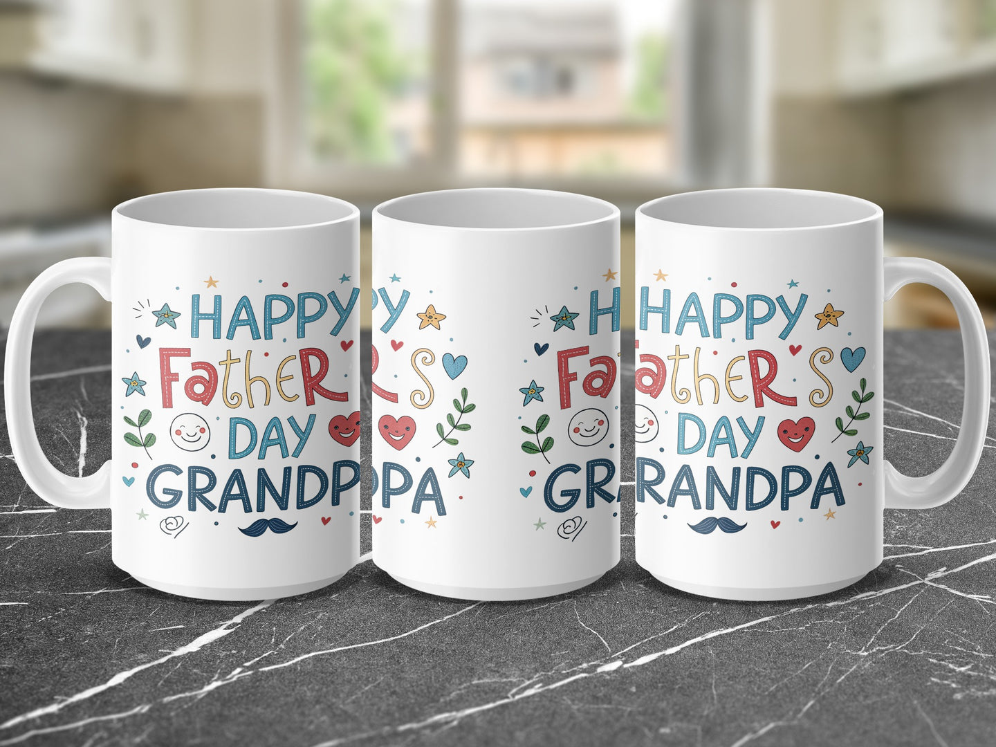 Mugs celebrating Father's Day for Grandpa with stars and hearts.
