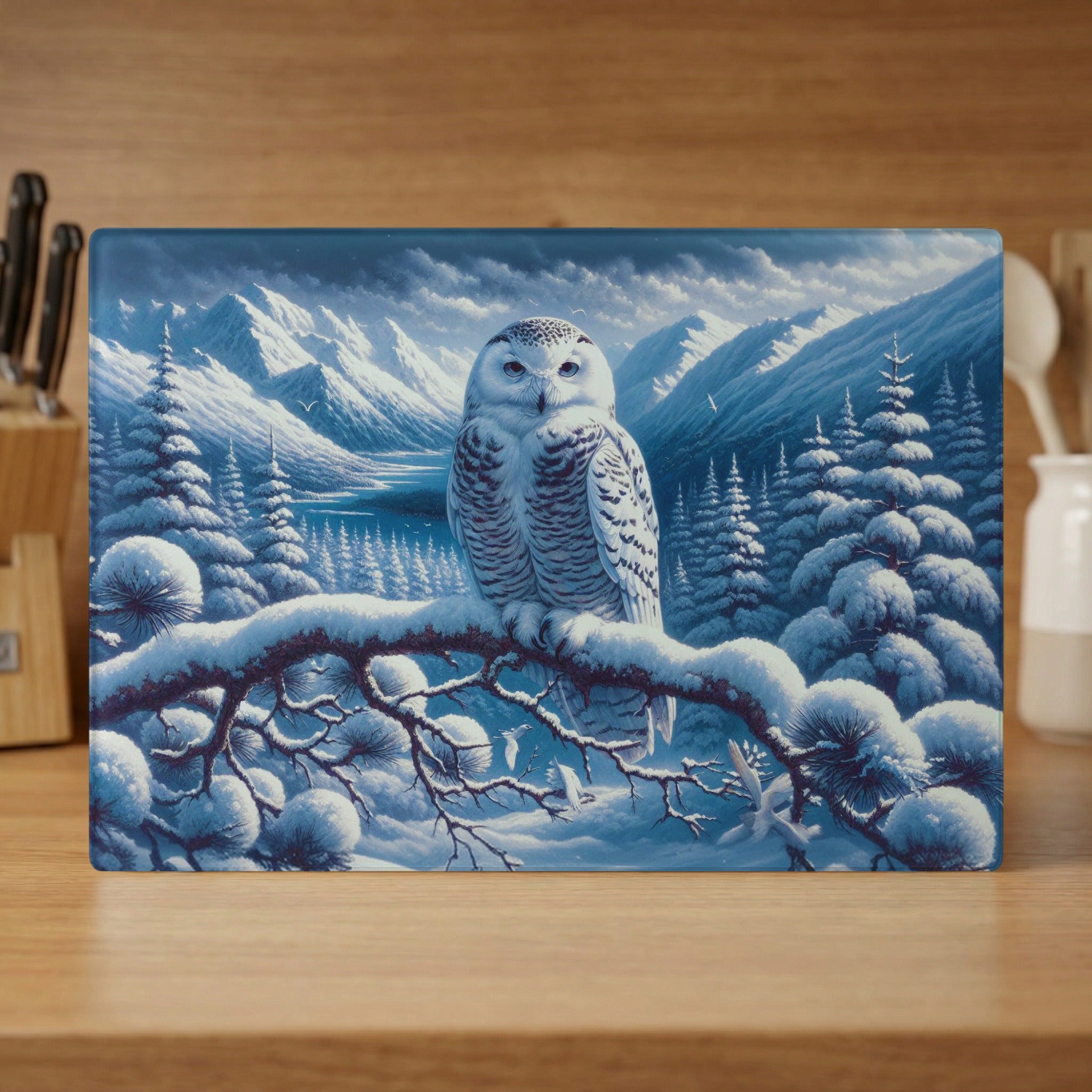 Snowy owl perched on a snow-covered branch with a winter mountain landscape.