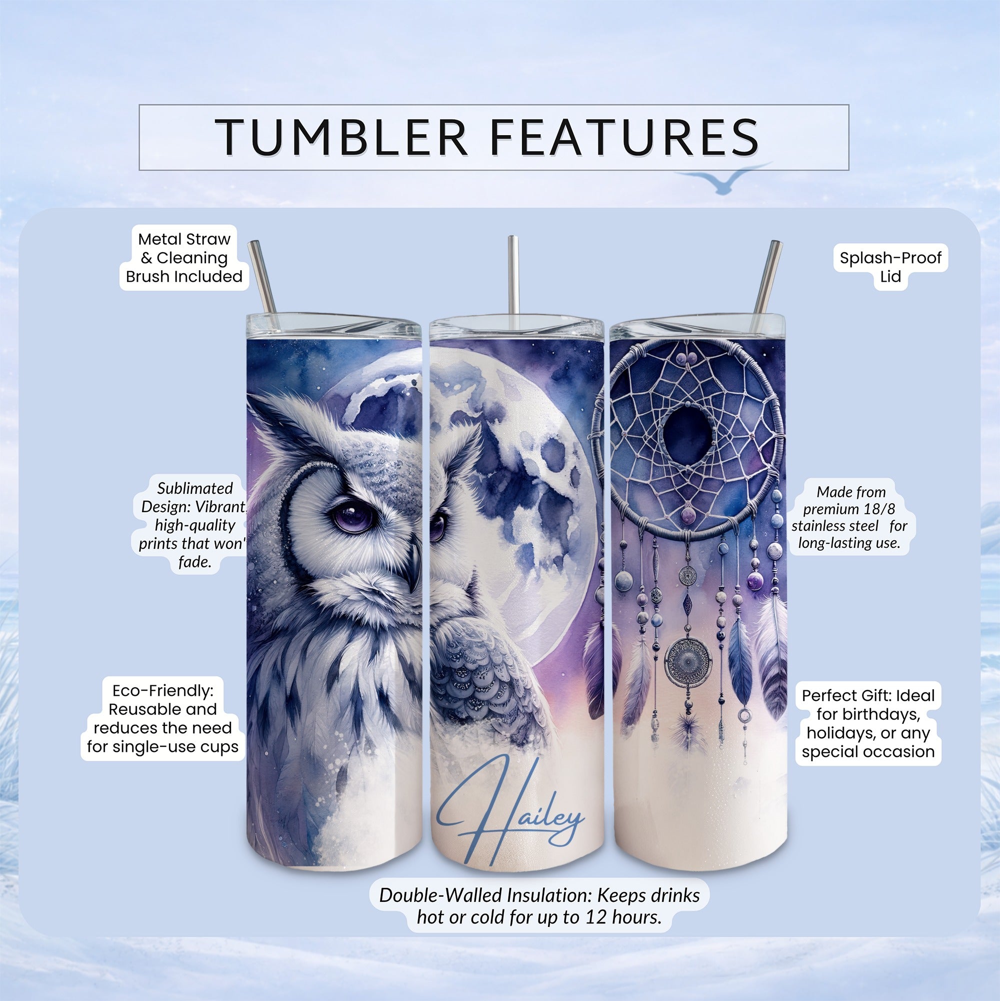 Owl and dreamcatcher tumbler with text highlighting features.