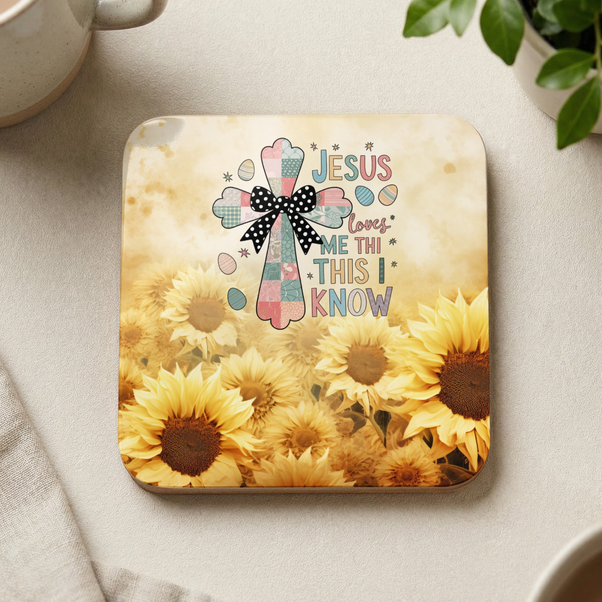 Jesus Loves Me This I Know text with sunflowers and cross design.