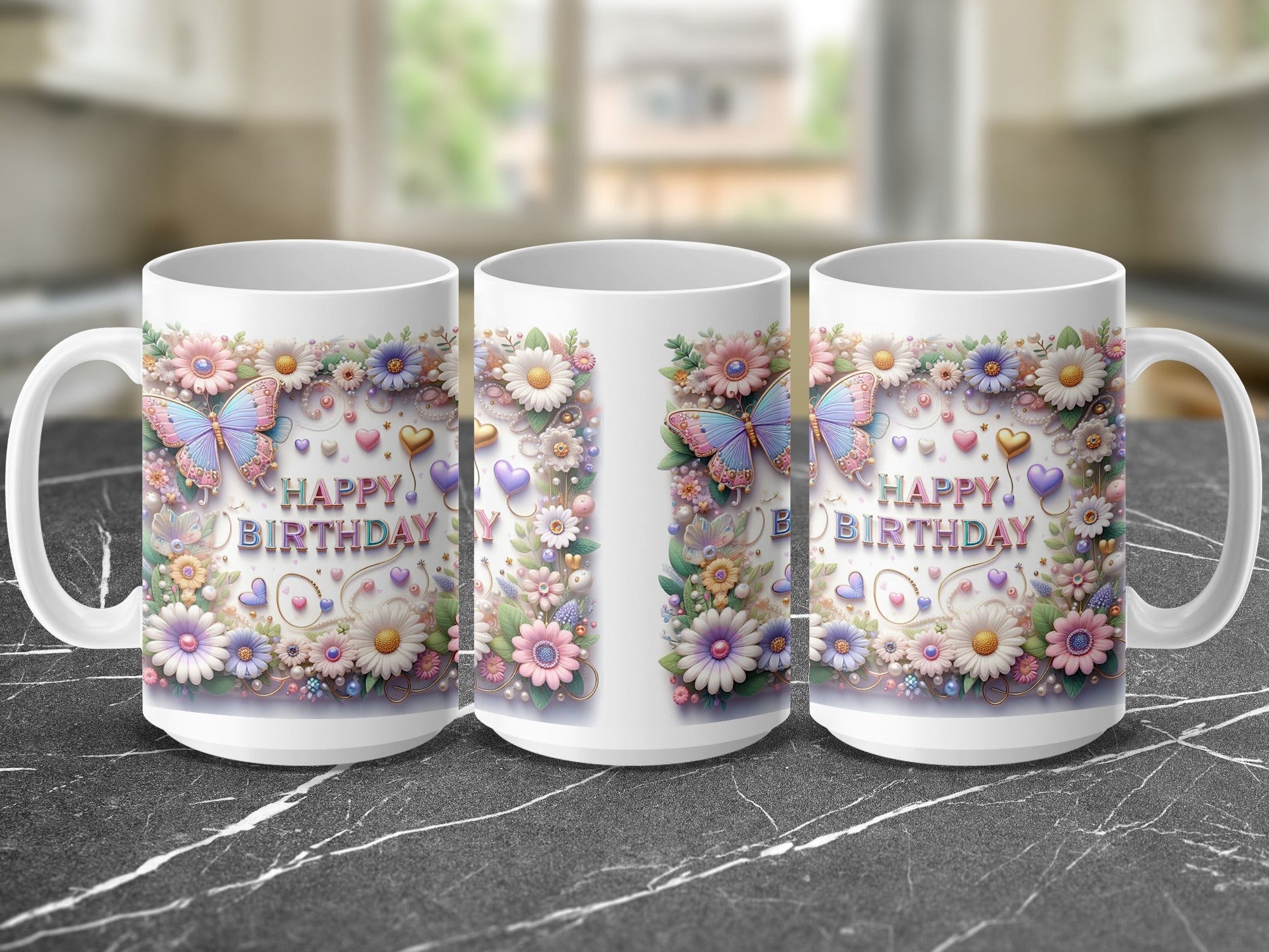 Three white mugs with "Happy Birthday" text surrounded by flowers and butterflies.