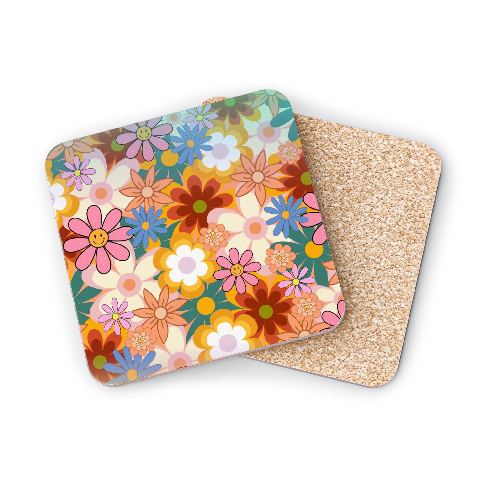 Square coasters with colorful retro floral patterns and a cork backing.