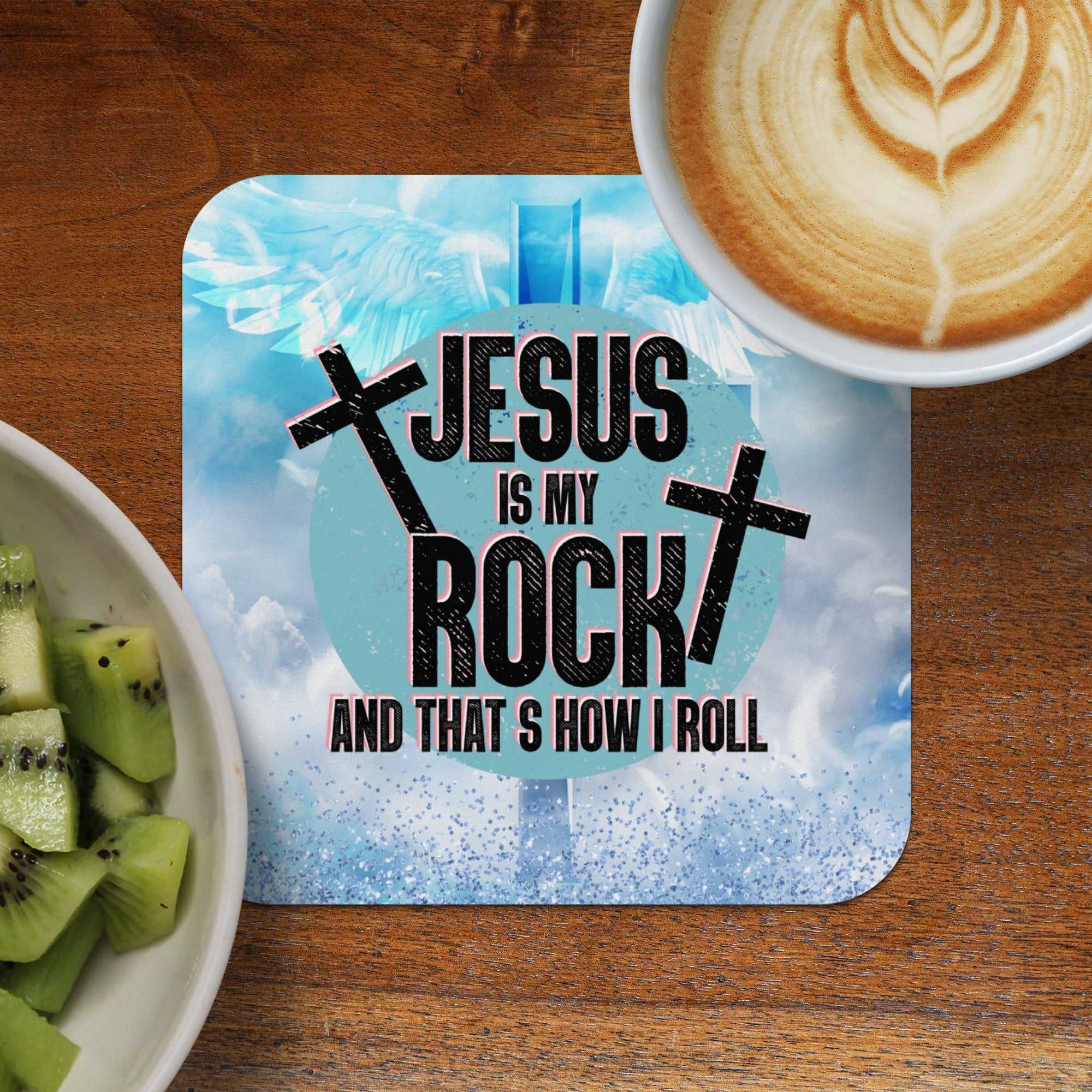 Jesus is my rock and that's how I roll quote with crosses and wings.