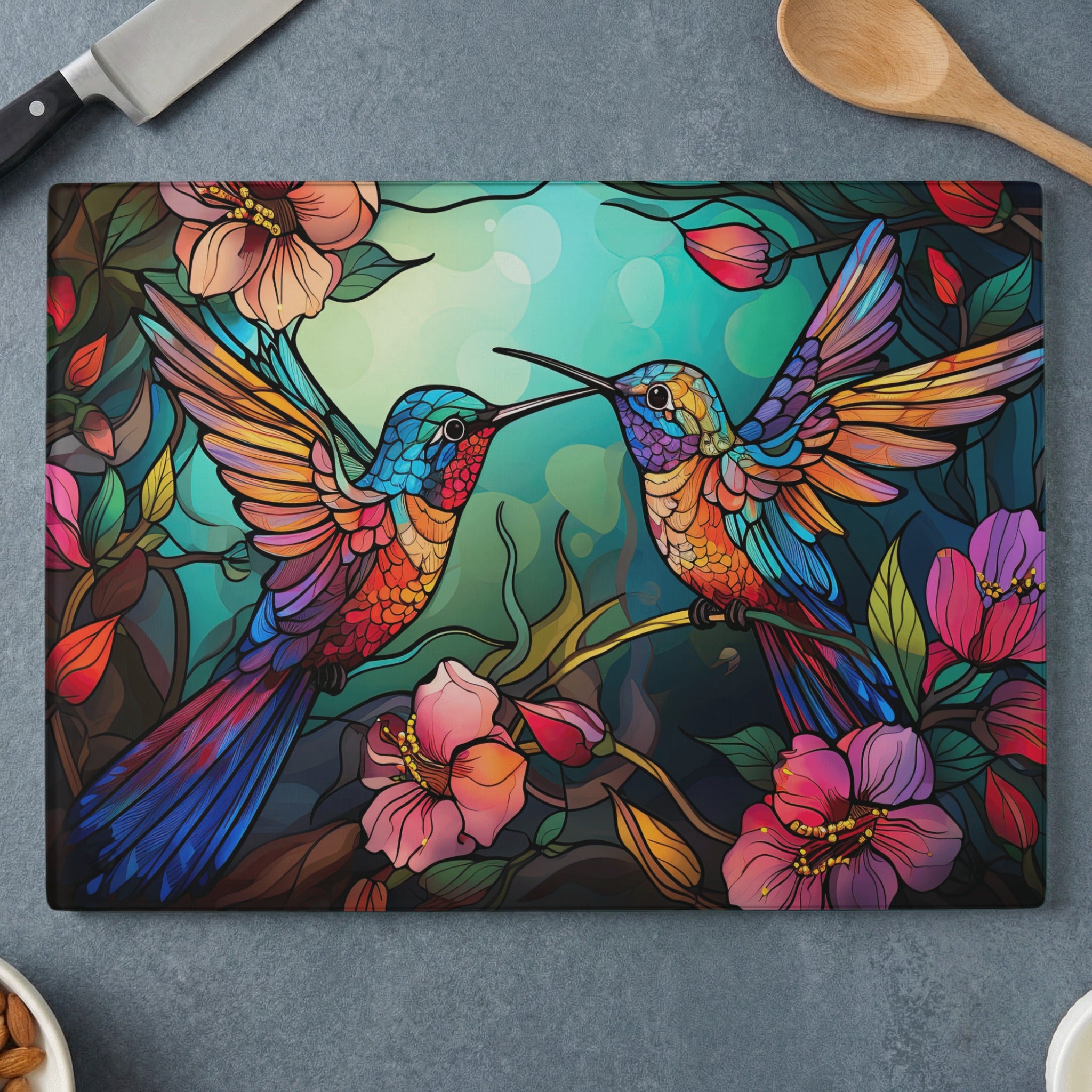 Two colorful hummingbirds touch beaks amidst vibrant flowers and foliage.
