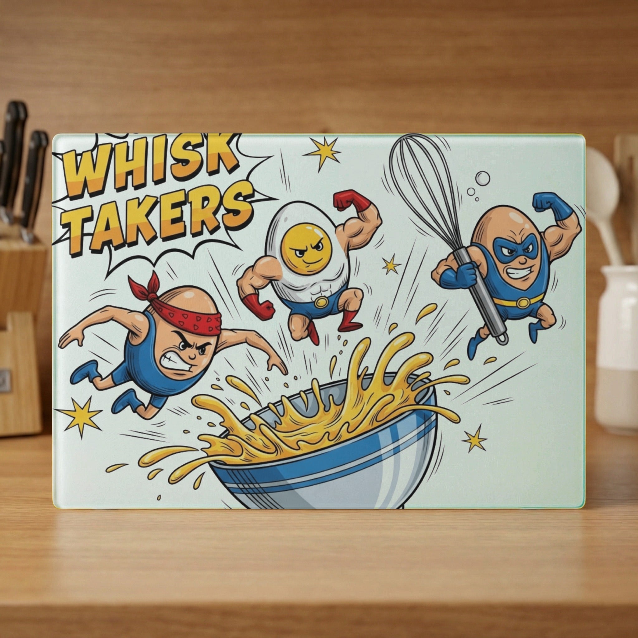 "Whisk Takers" cartoon cutting board featuring superheroes with egg heads and a whisk.