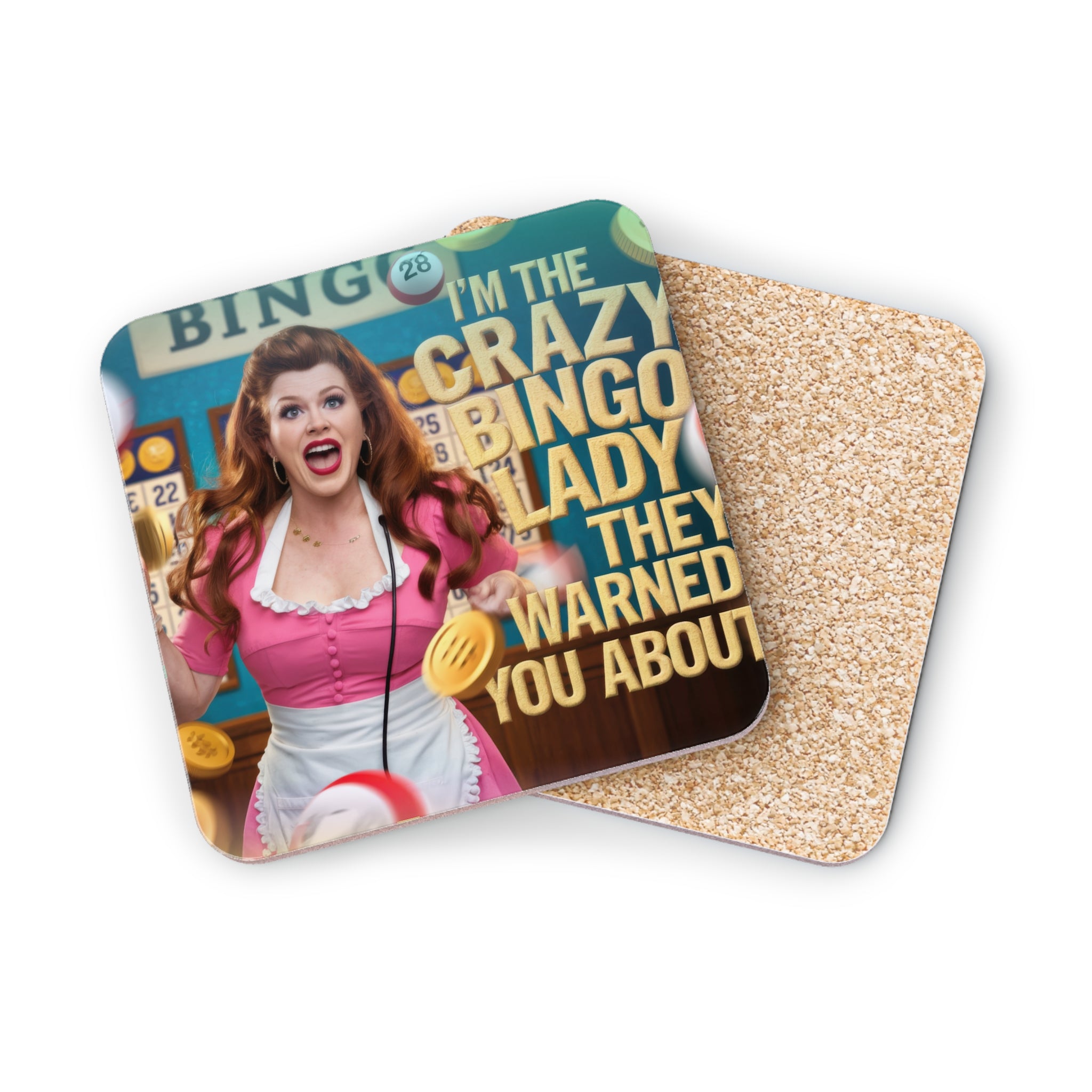 Woman with shocked expression on bingo coaster with text "I'm the crazy bingo lady they warned you about."