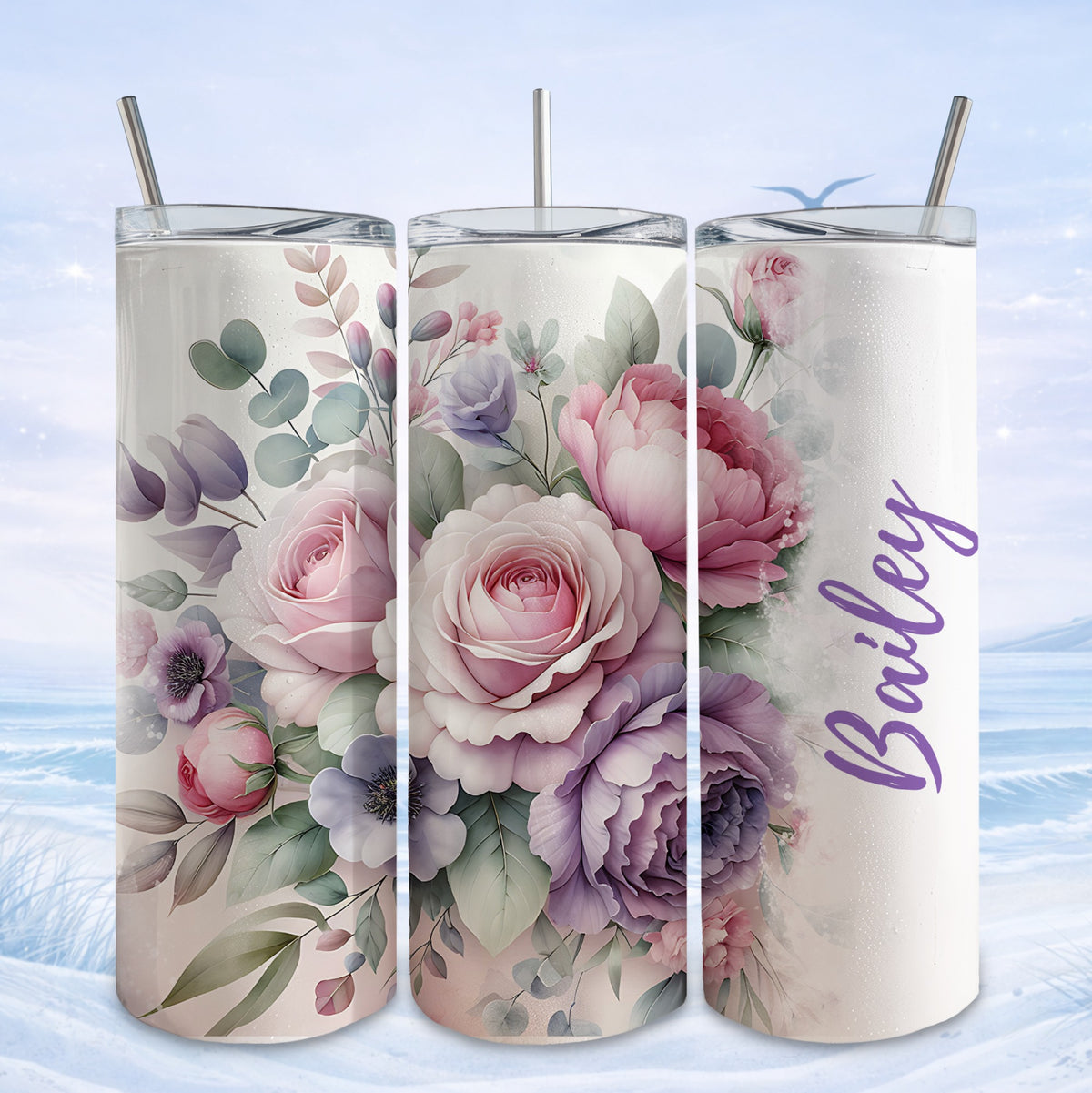 Floral tumbler with pink and purple flowers and "Bailey" text.