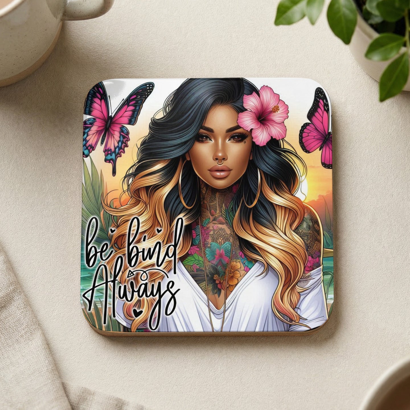 Woman with tattoos and butterflies, "Be Kind Always" text, floral background.