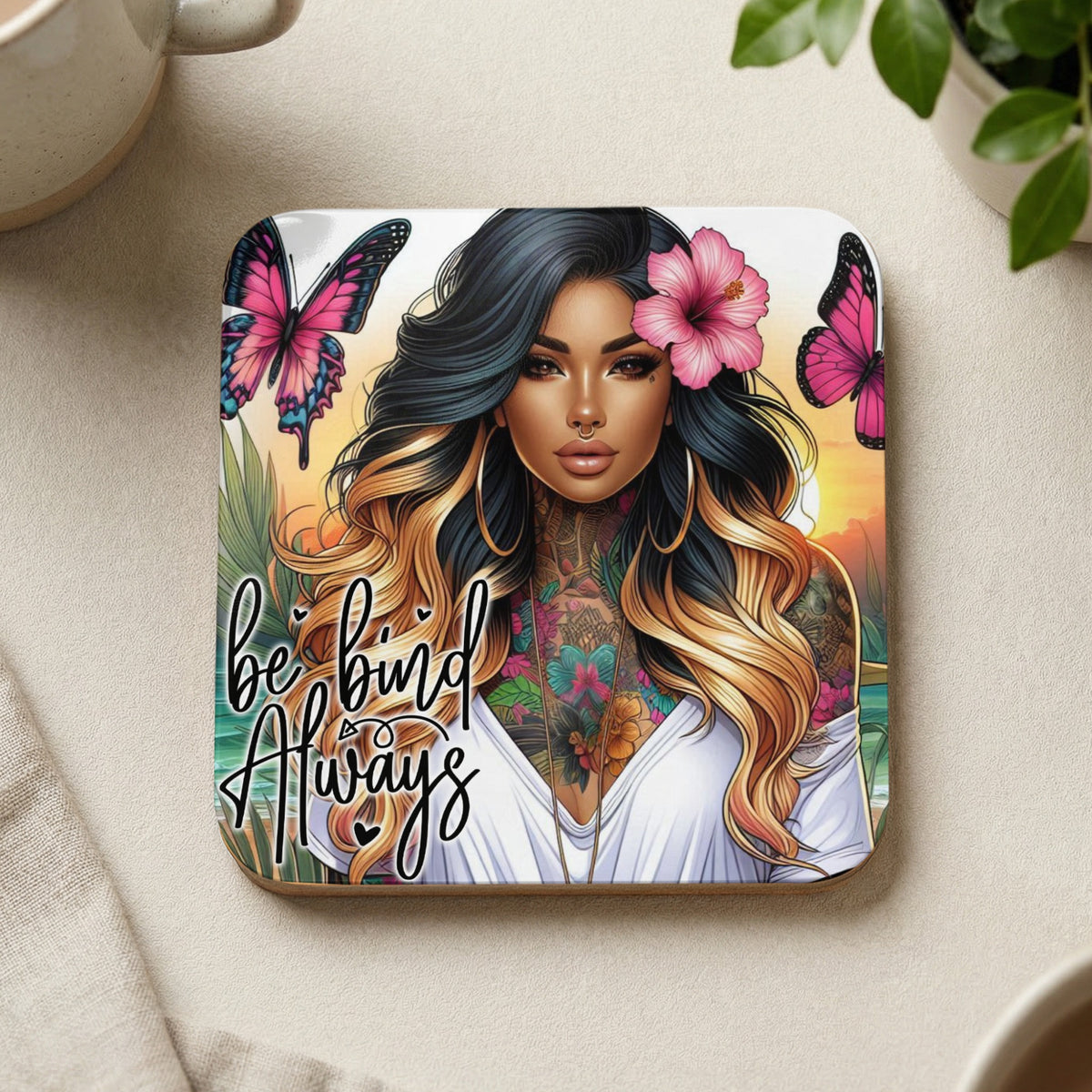 Woman with tattoos and butterflies, "Be Kind Always" text, floral background.