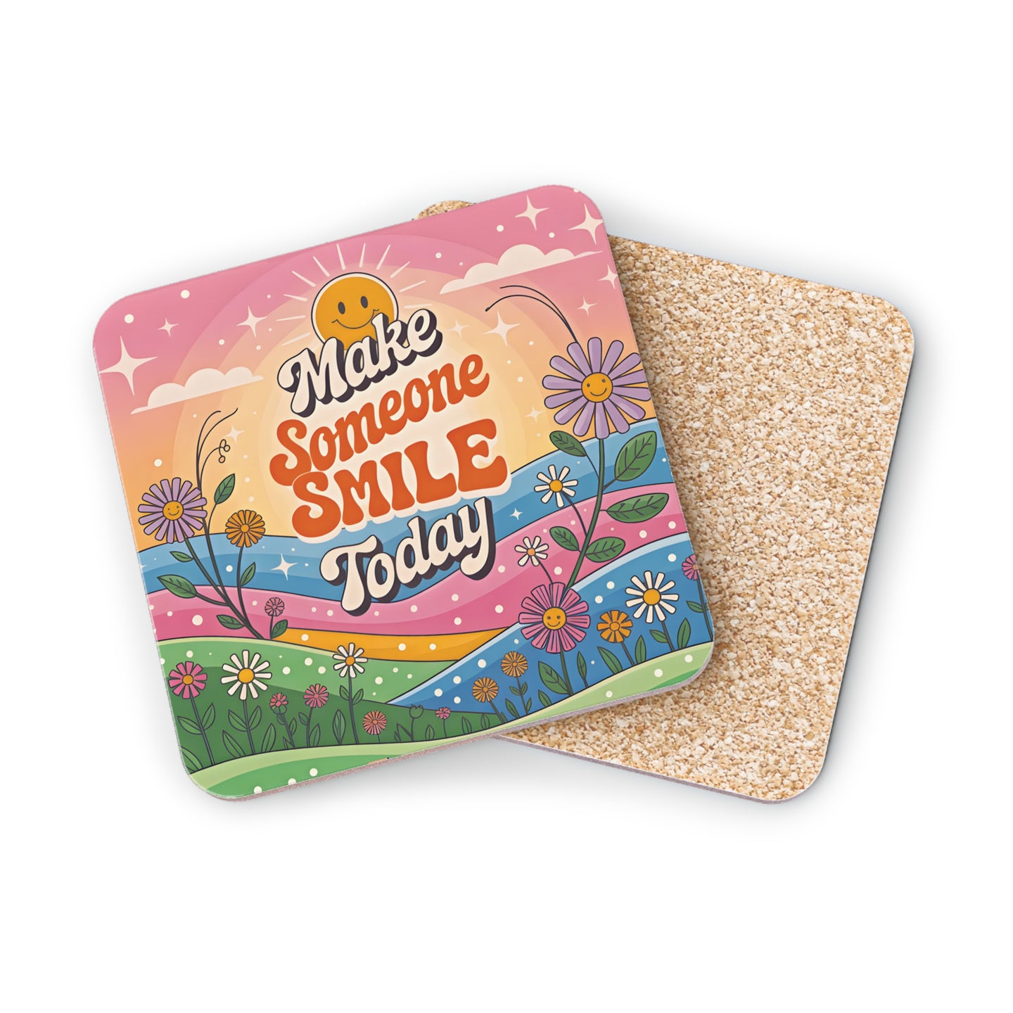 Two colorful coasters with a retro floral design and the text "Make Someone Smile Today".