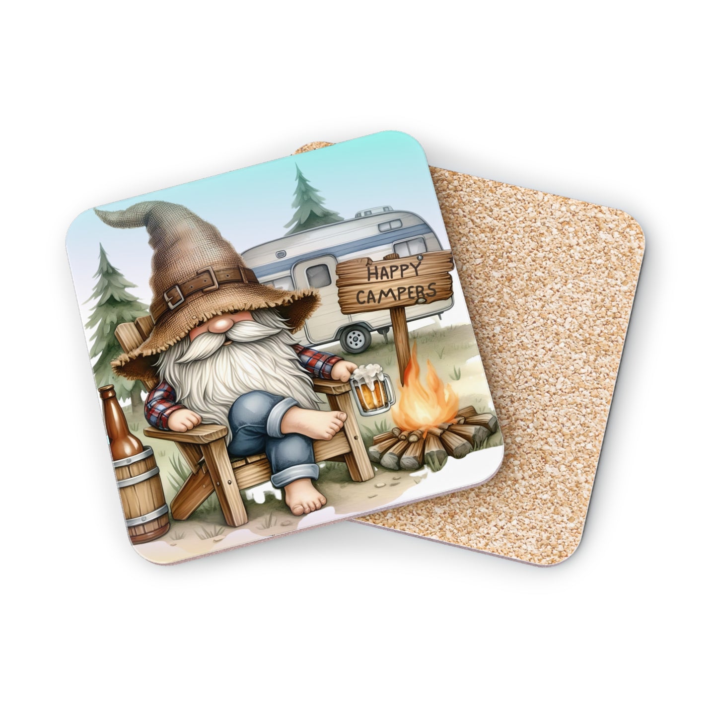 Gnome relaxing by campfire with "Happy Campers" sign and beer.