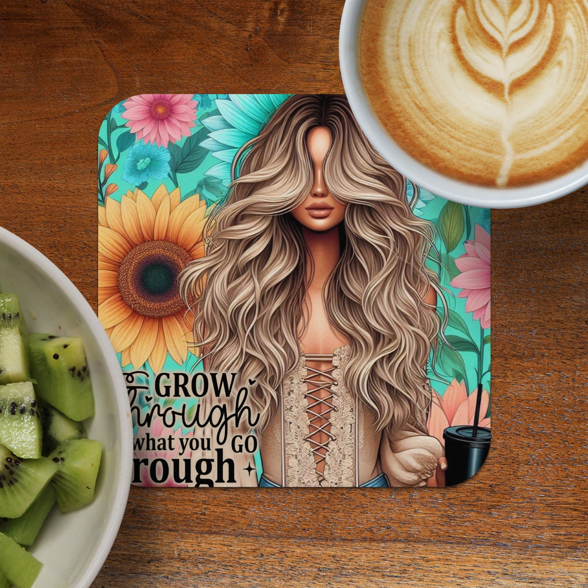 Coaster with woman's portrait, sunflowers, and text "Grow through what you go through."