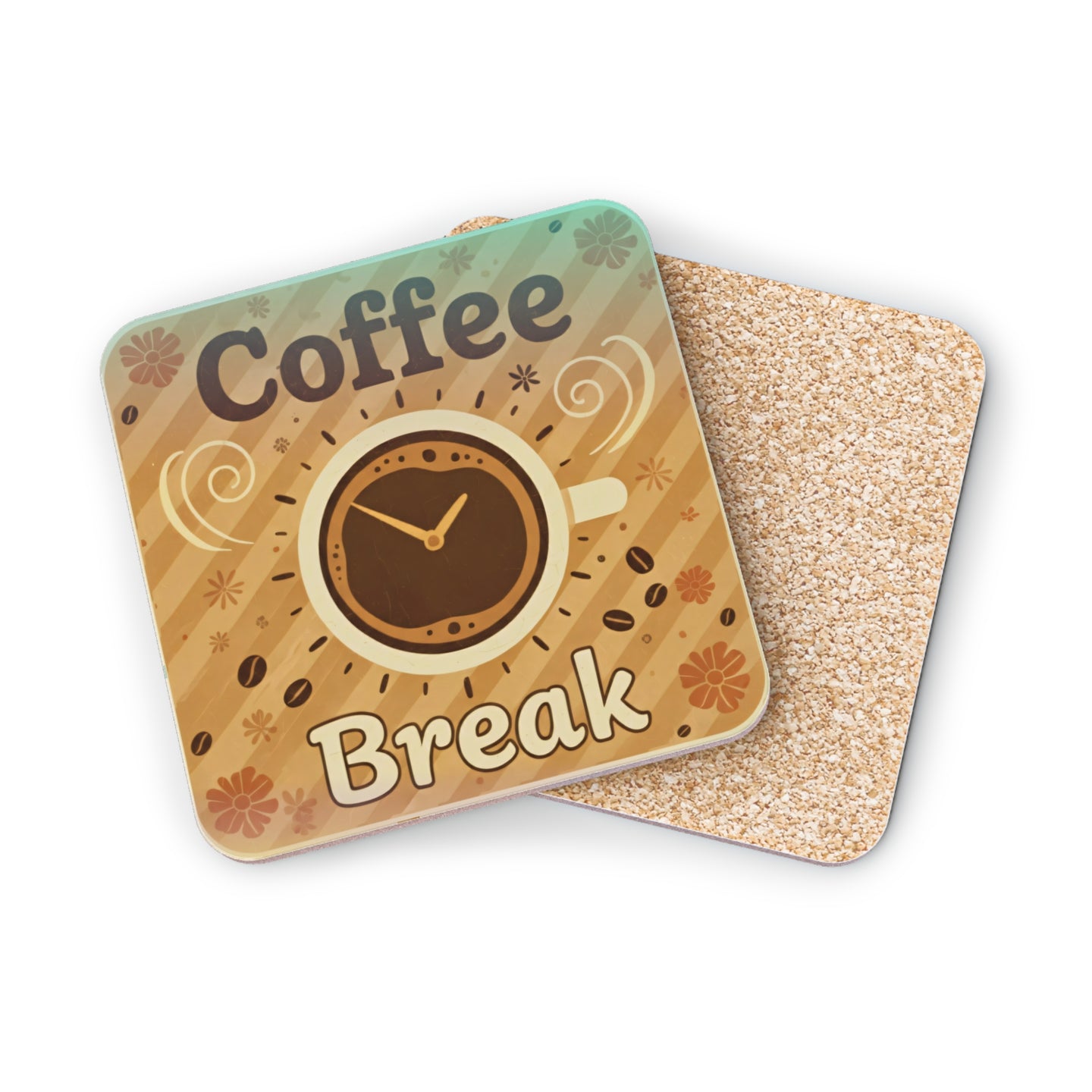 Coffee Break coaster with cup and beans design.