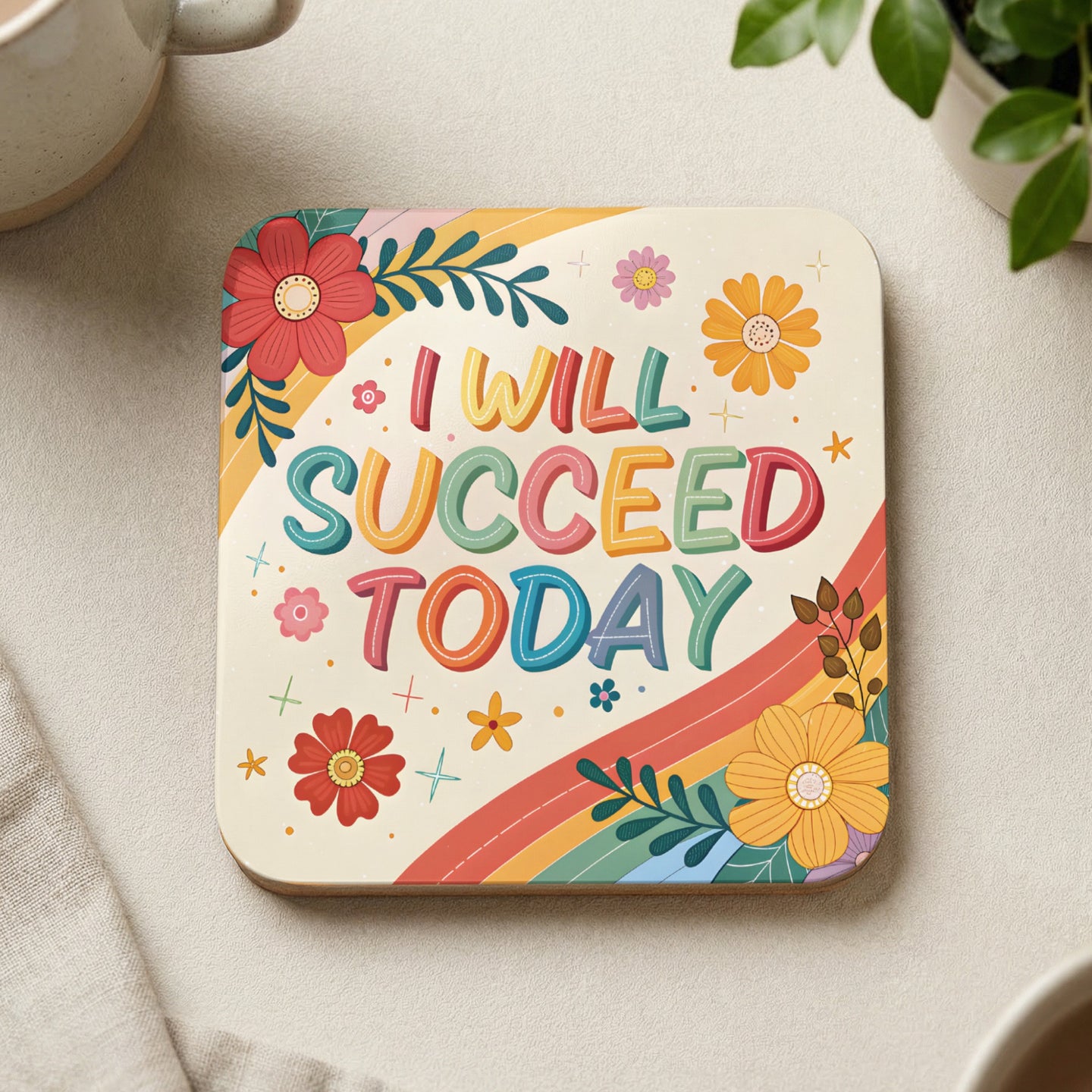 Square coaster with "I WILL SUCCEED TODAY" in colorful, playful lettering and floral accents.
