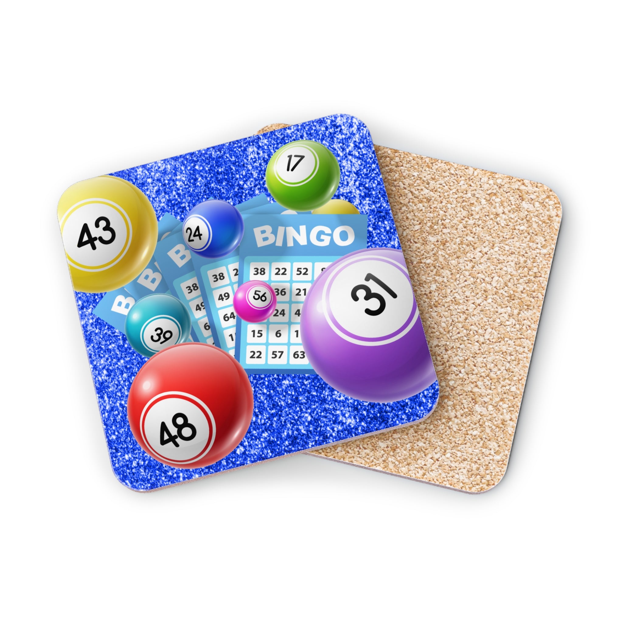 Glittering blue bingo card with colorful balls and bingo caller's card.