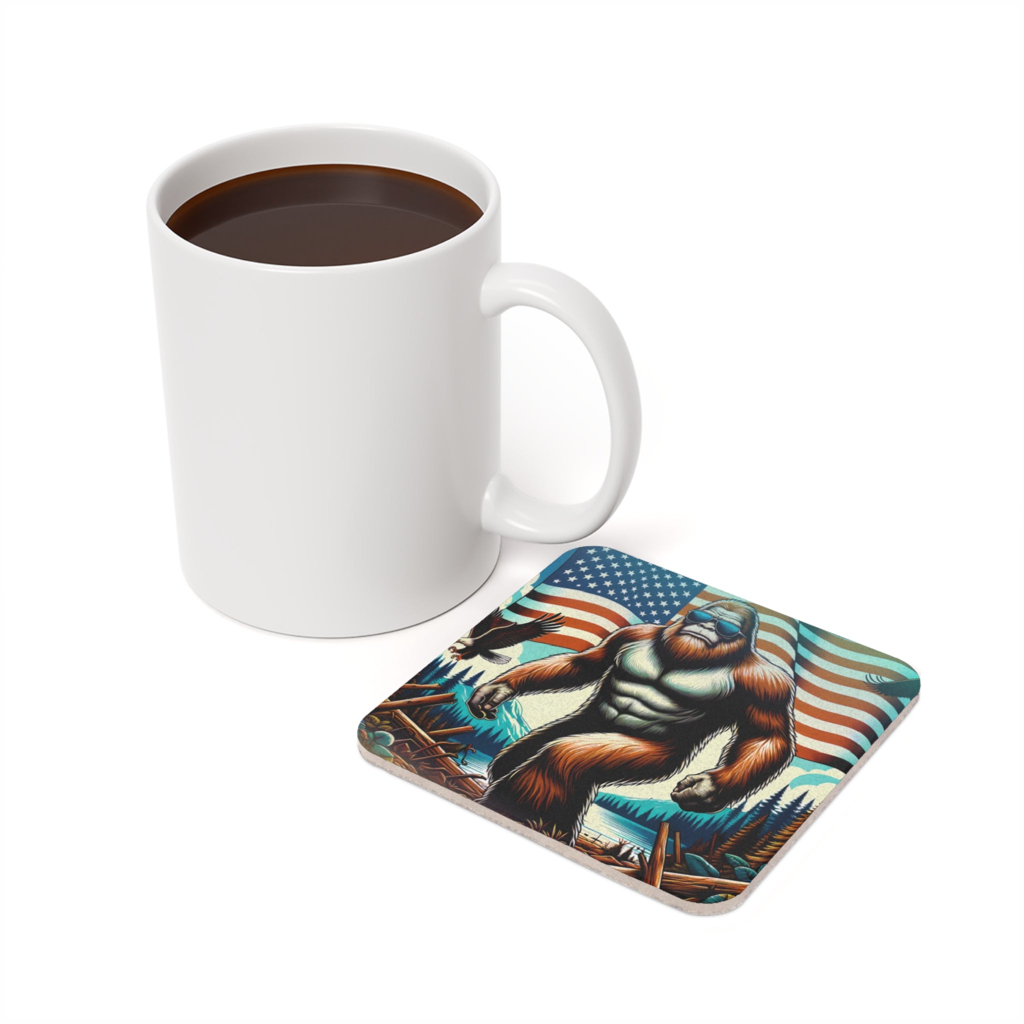 Bigfoot wearing sunglasses stands in front of an American flag on a coaster.