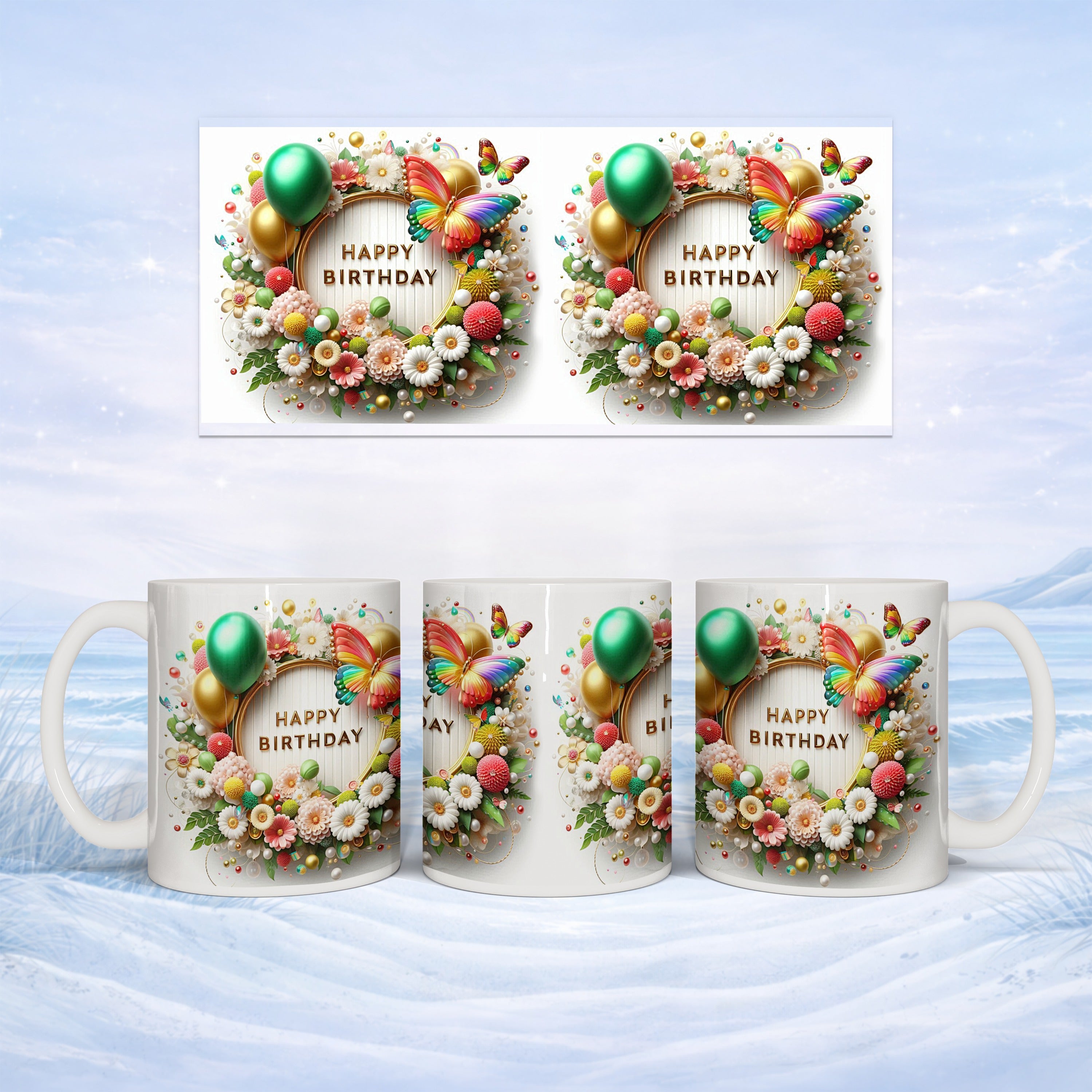 Two mugs with "Happy Birthday" design and floral wreath, set against a snowy background.