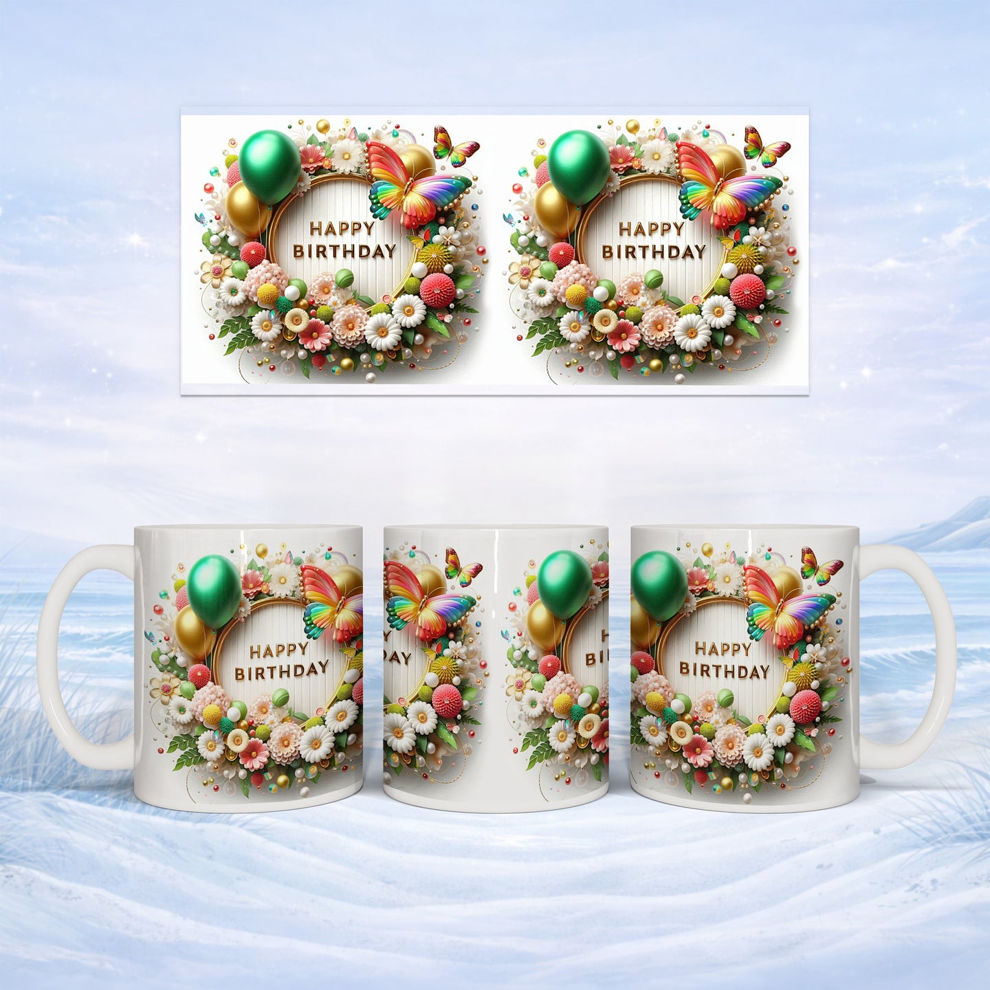 Two mugs with "Happy Birthday" design and floral wreath, set against a snowy background.