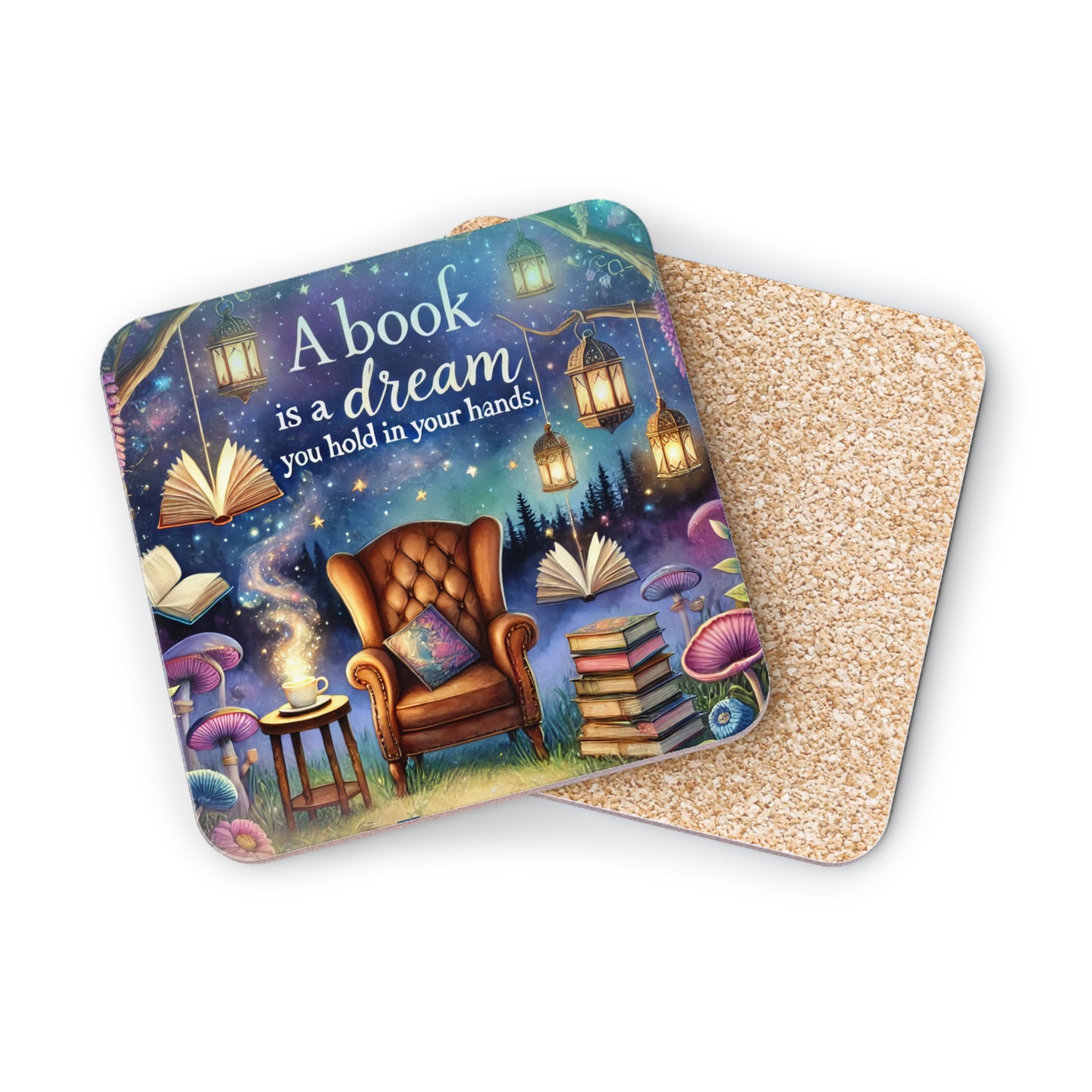 Coaster with armchair, glowing lanterns, mushrooms, and the text "A book is a dream you hold in your hands."