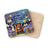 Coaster with armchair, glowing lanterns, mushrooms, and the text "A book is a dream you hold in your hands."