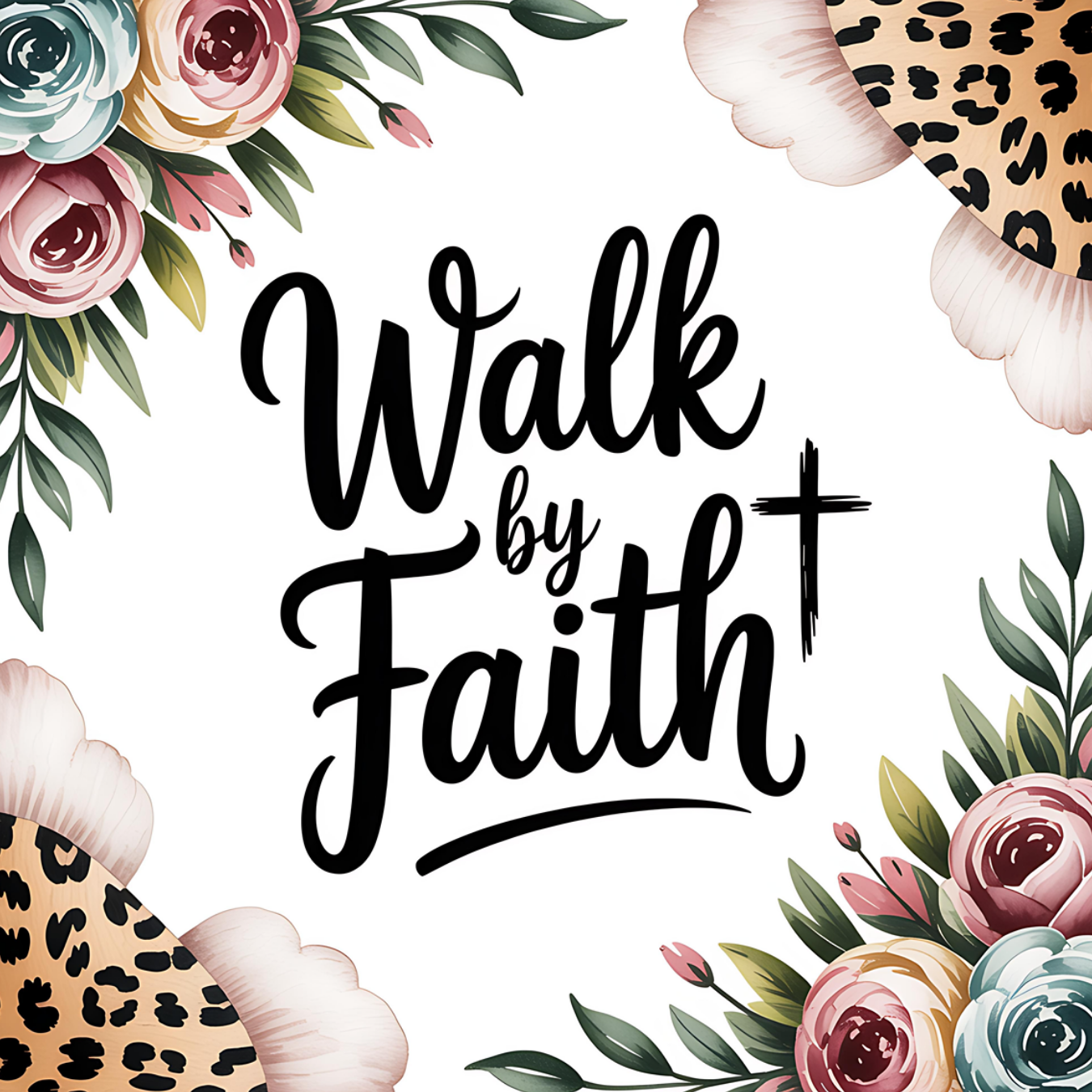 Walk by Faith with floral and leopard print accents.