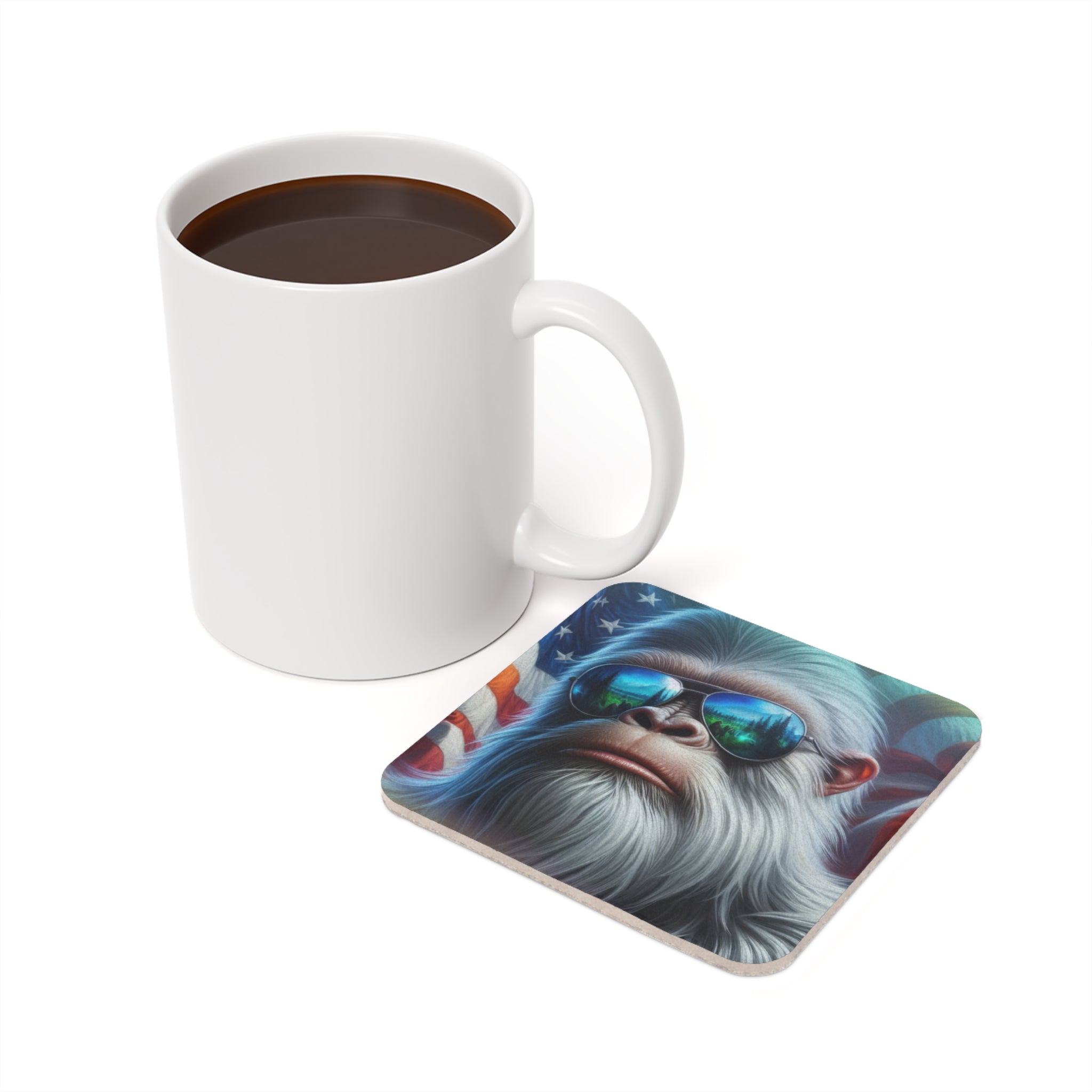 Bigfoot in sunglasses with American flag background on a coffee coaster.