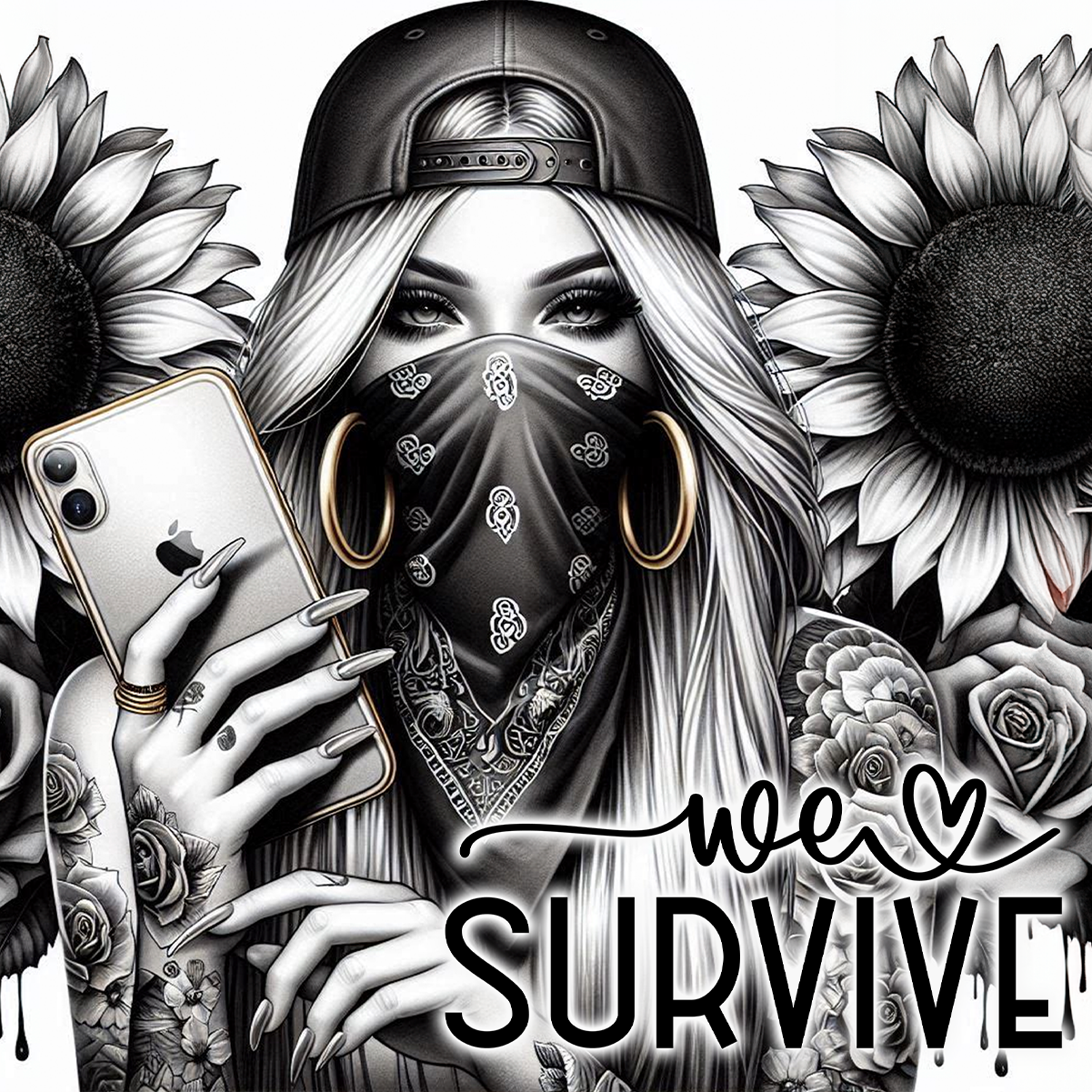 Woman with bandana over face holding iPhone, surrounded by sunflowers and roses.