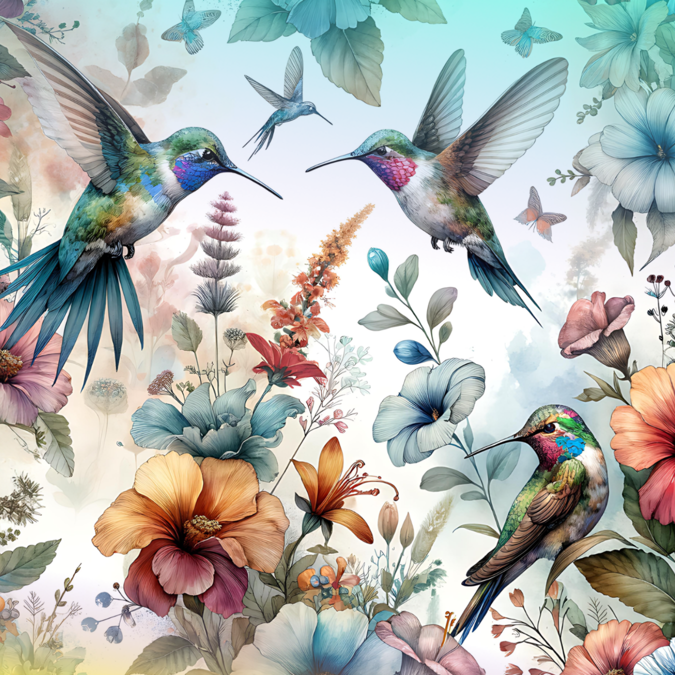 Hummingbirds in flight among colorful flowers.
