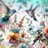 Hummingbirds in flight among colorful flowers.