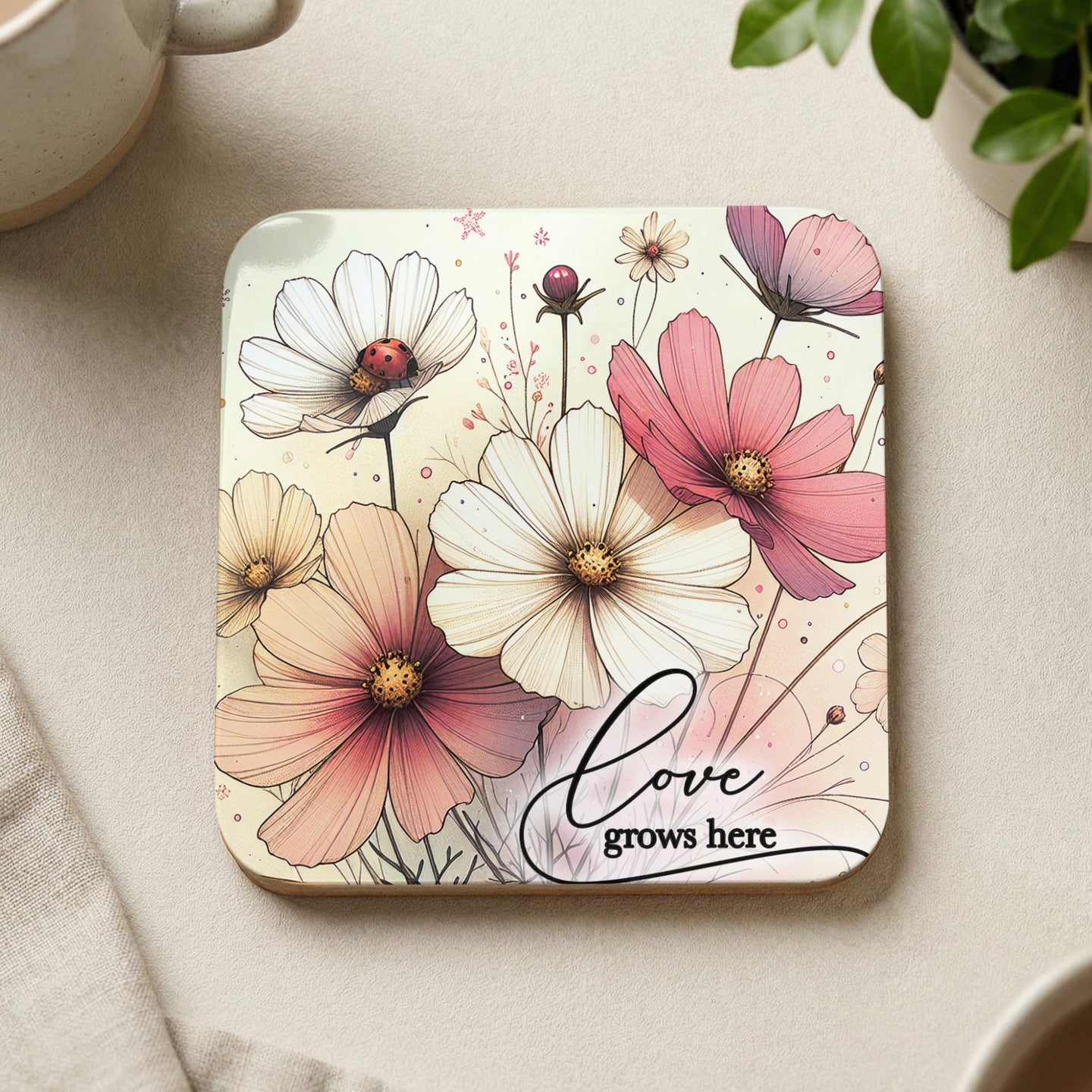 Square coaster with pink and white cosmos flowers and ladybug, "Love grows here" text.