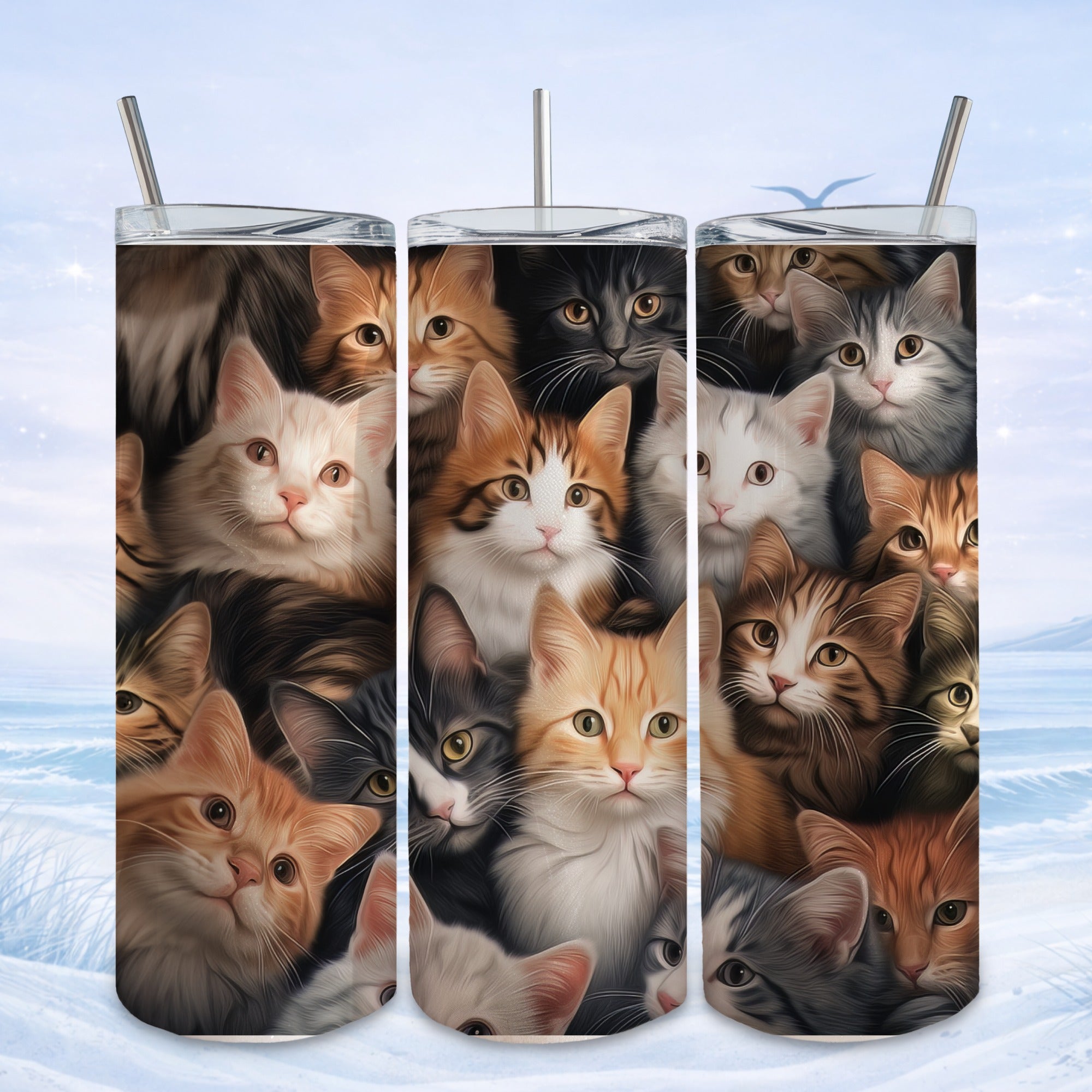 Collage of fluffy cats with different fur colors and patterns, against a snowy landscape.
