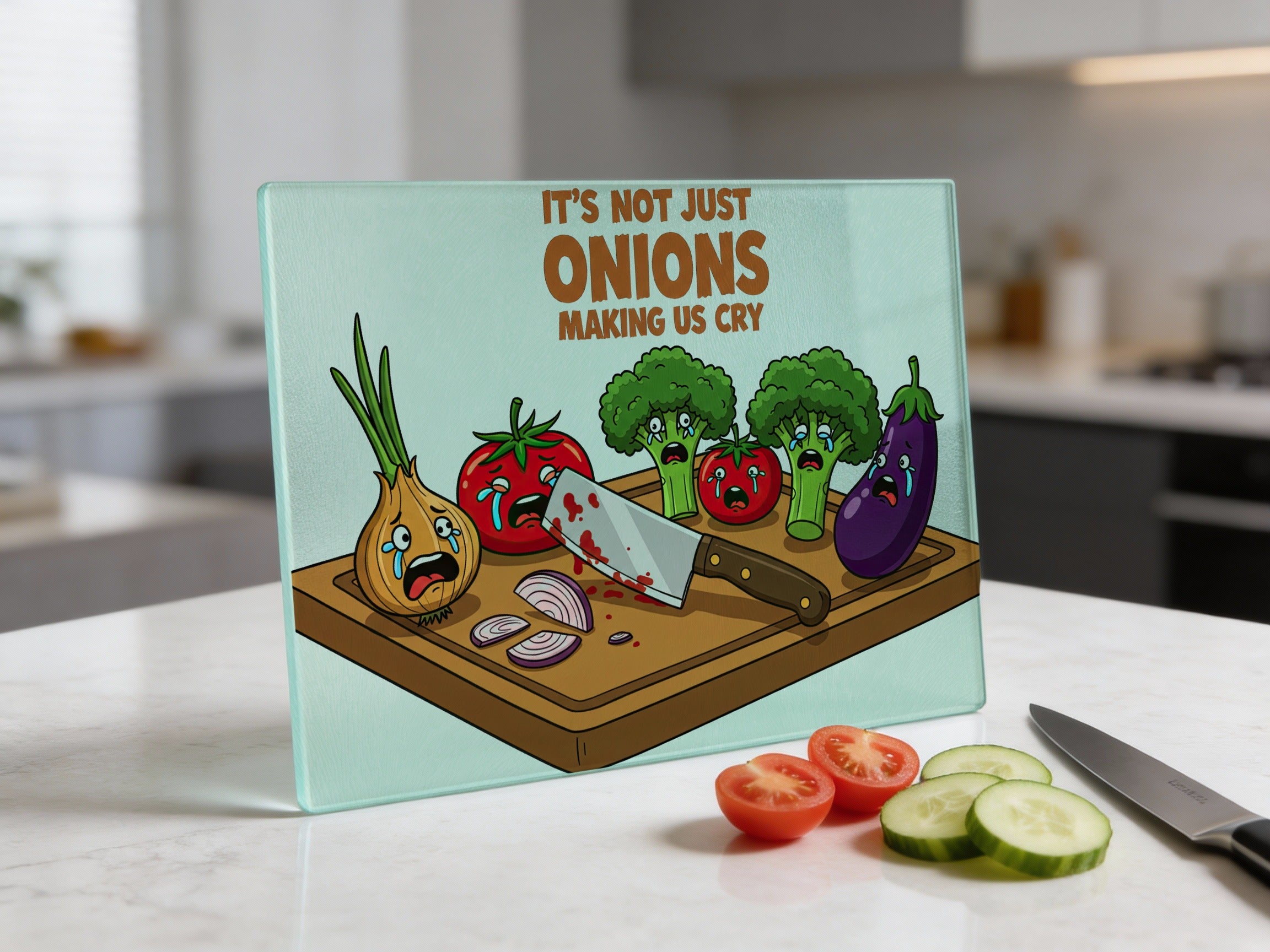 Chopping board with crying vegetables and text "It's not just onions making us cry".