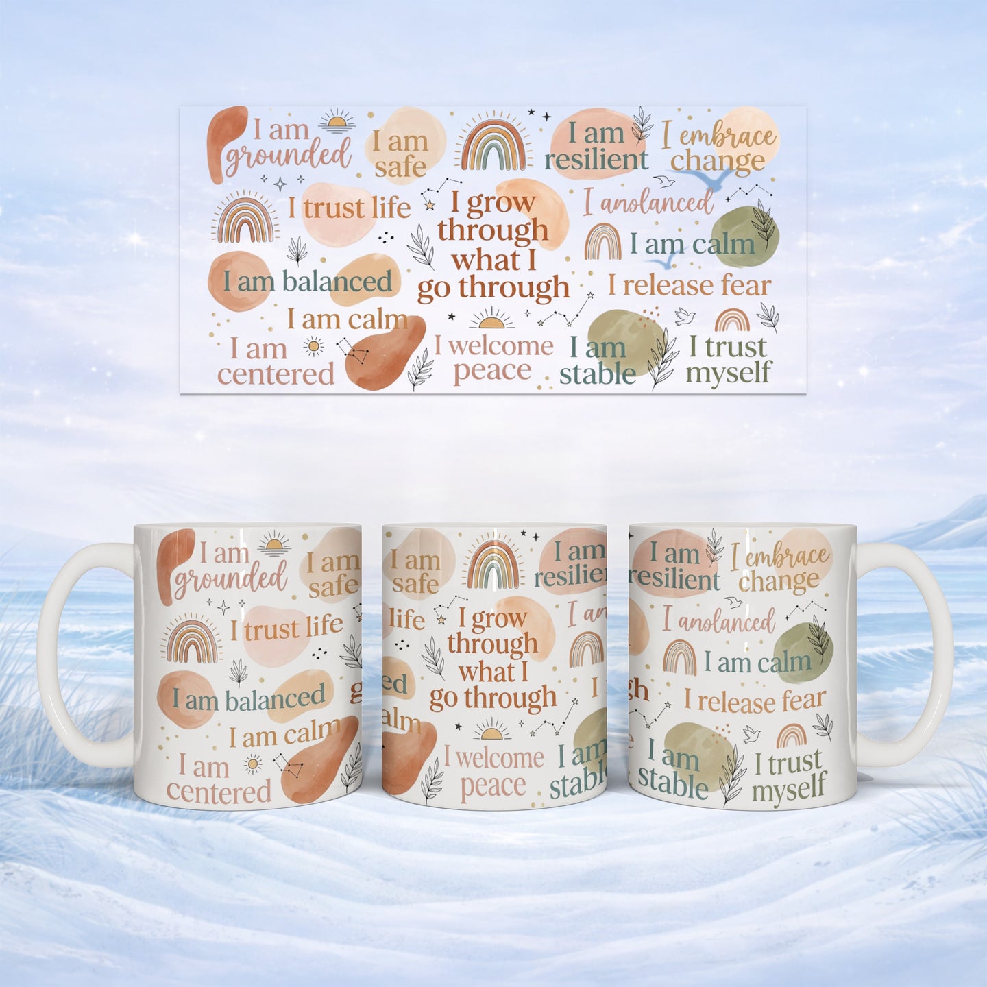 Mug with affirmations "I am grounded," "I trust life," and "I am calm" in rainbow lettering.