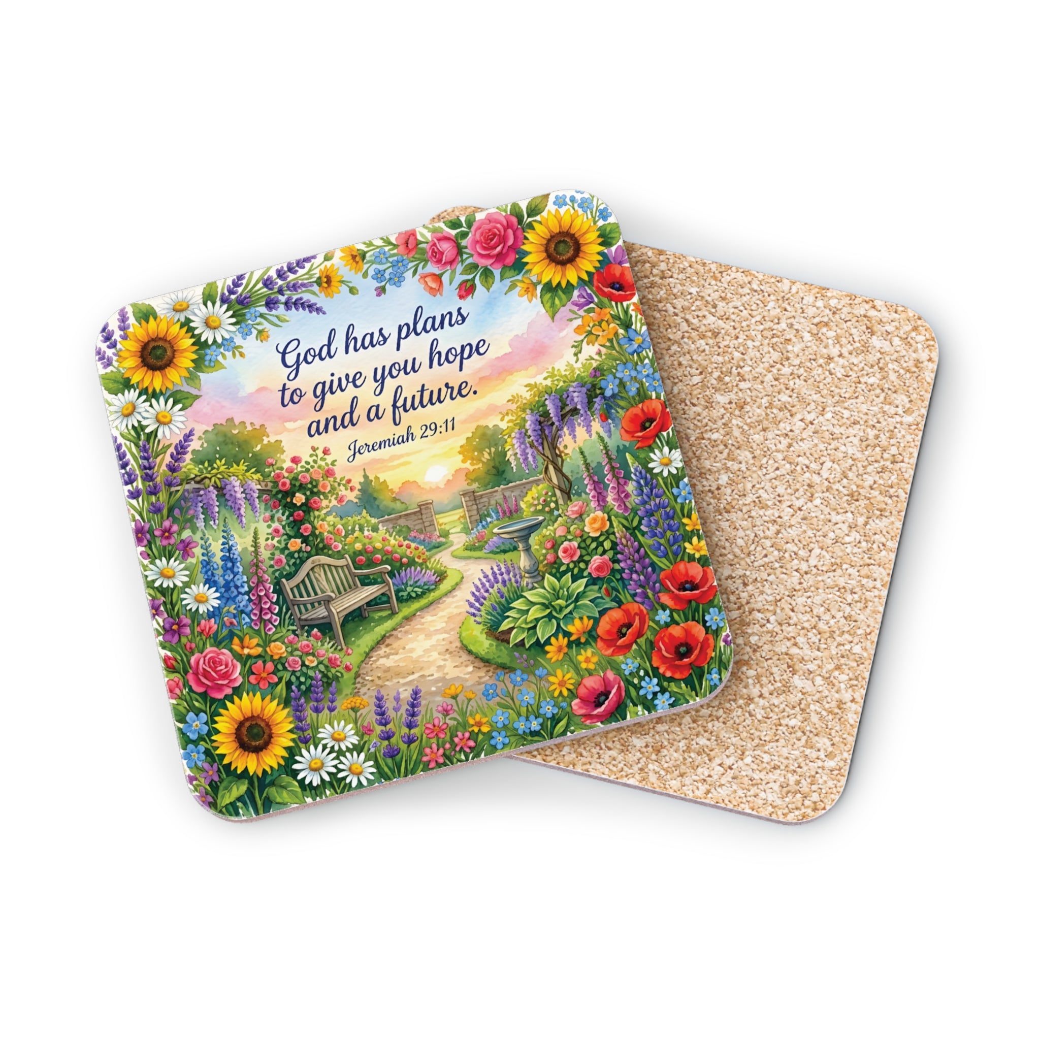 Coaster with a garden scene and text "God has plans to give you hope and a future. Jeremiah 29:11".