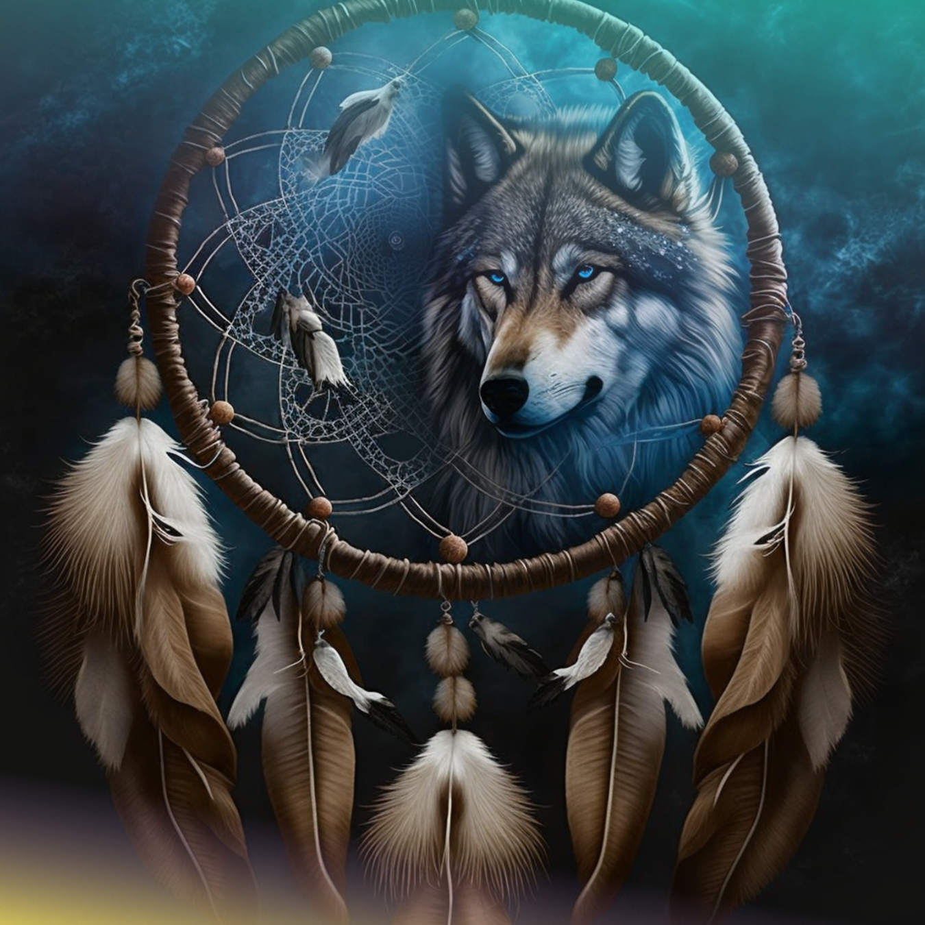 Dreamcatcher with wolf face and feathers, set against a dark, smoky background.