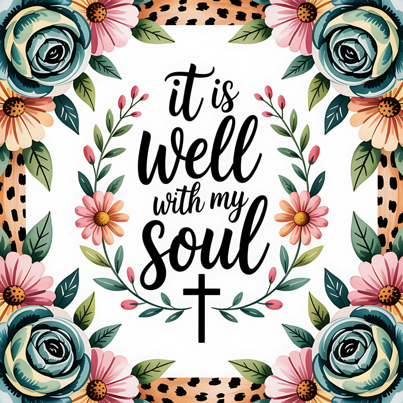 It is well with my soul text with floral border and cross.