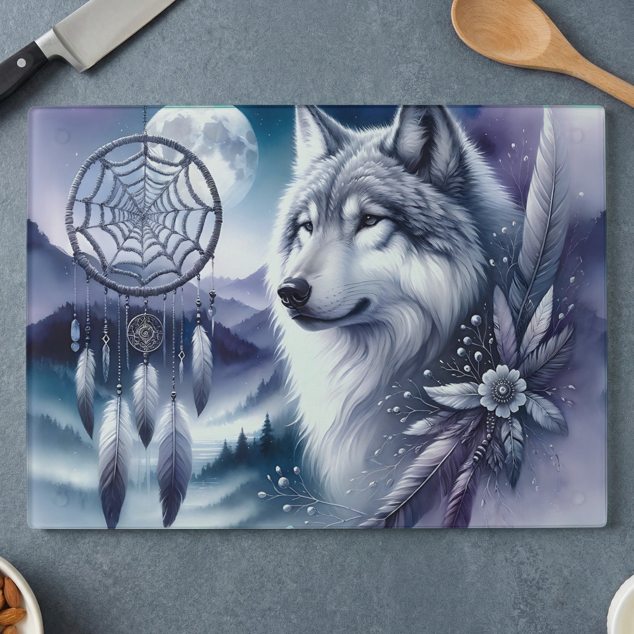 Wolf with dreamcatcher and feathers, moonlit forest background