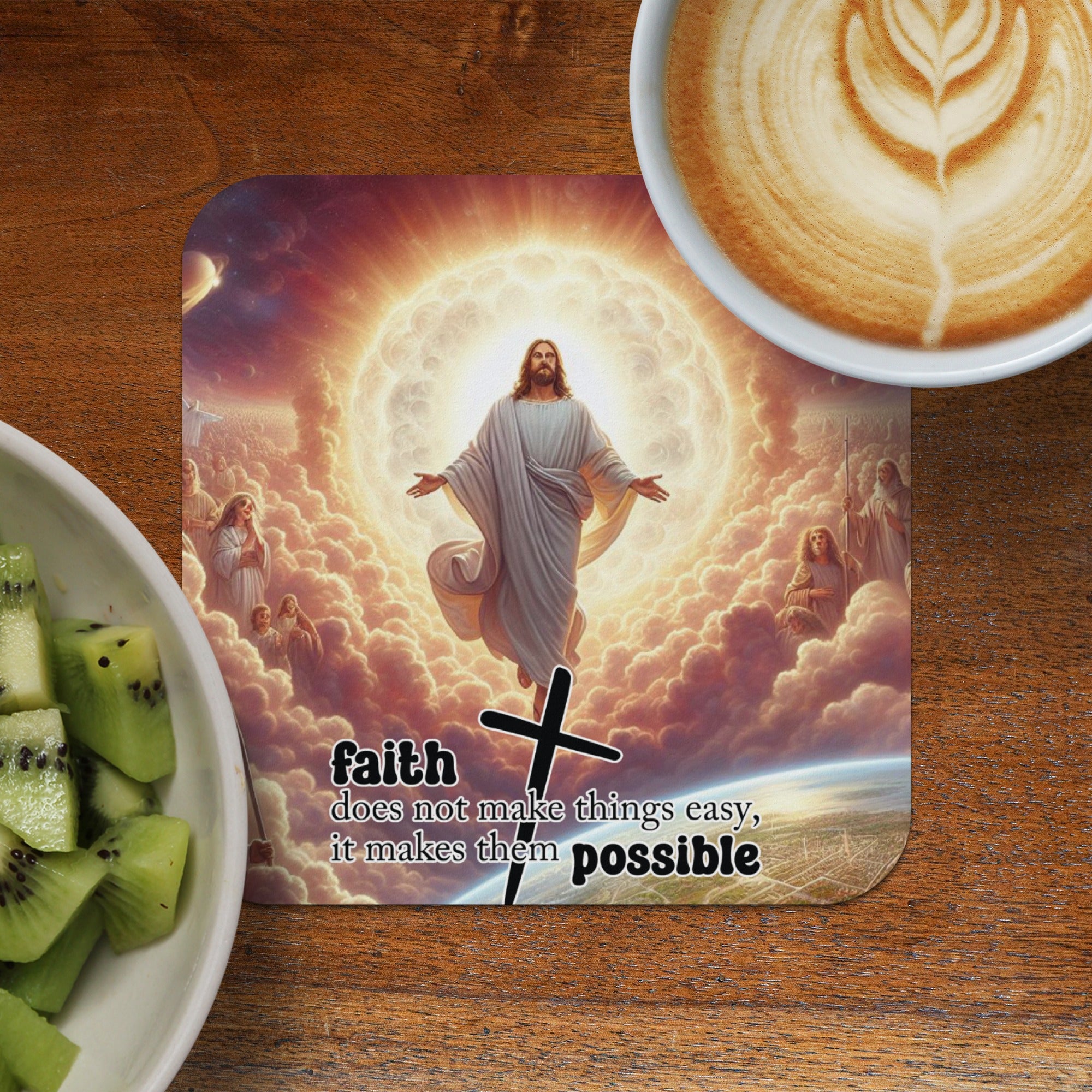 Jesus with outstretched arms in a celestial scene with text.
