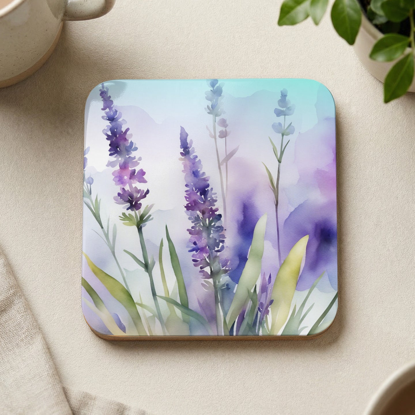 Watercolor painting of lavender sprigs on a coaster with a soft background.