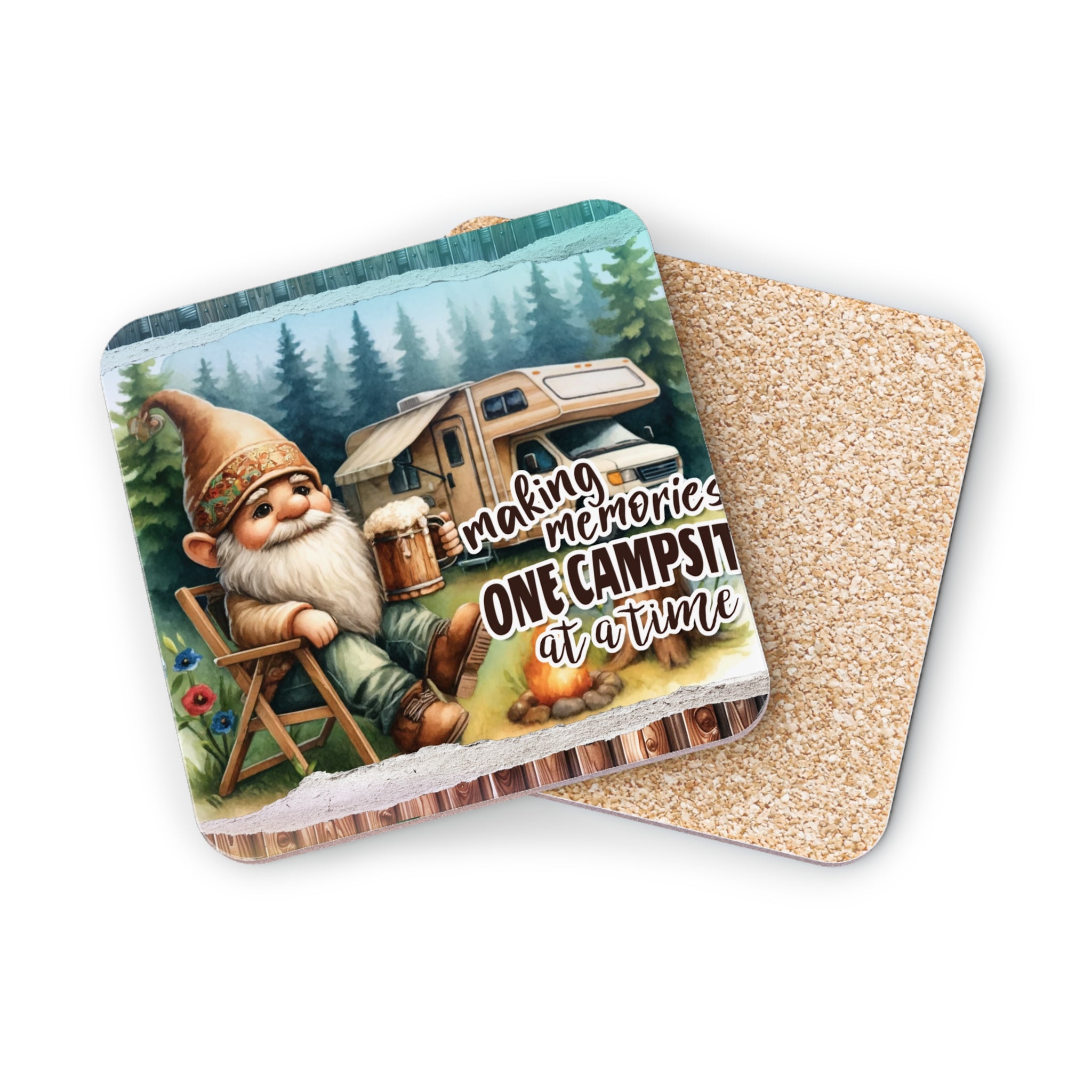 Gnome holding beer by RV, "making memories one campsite at a time."