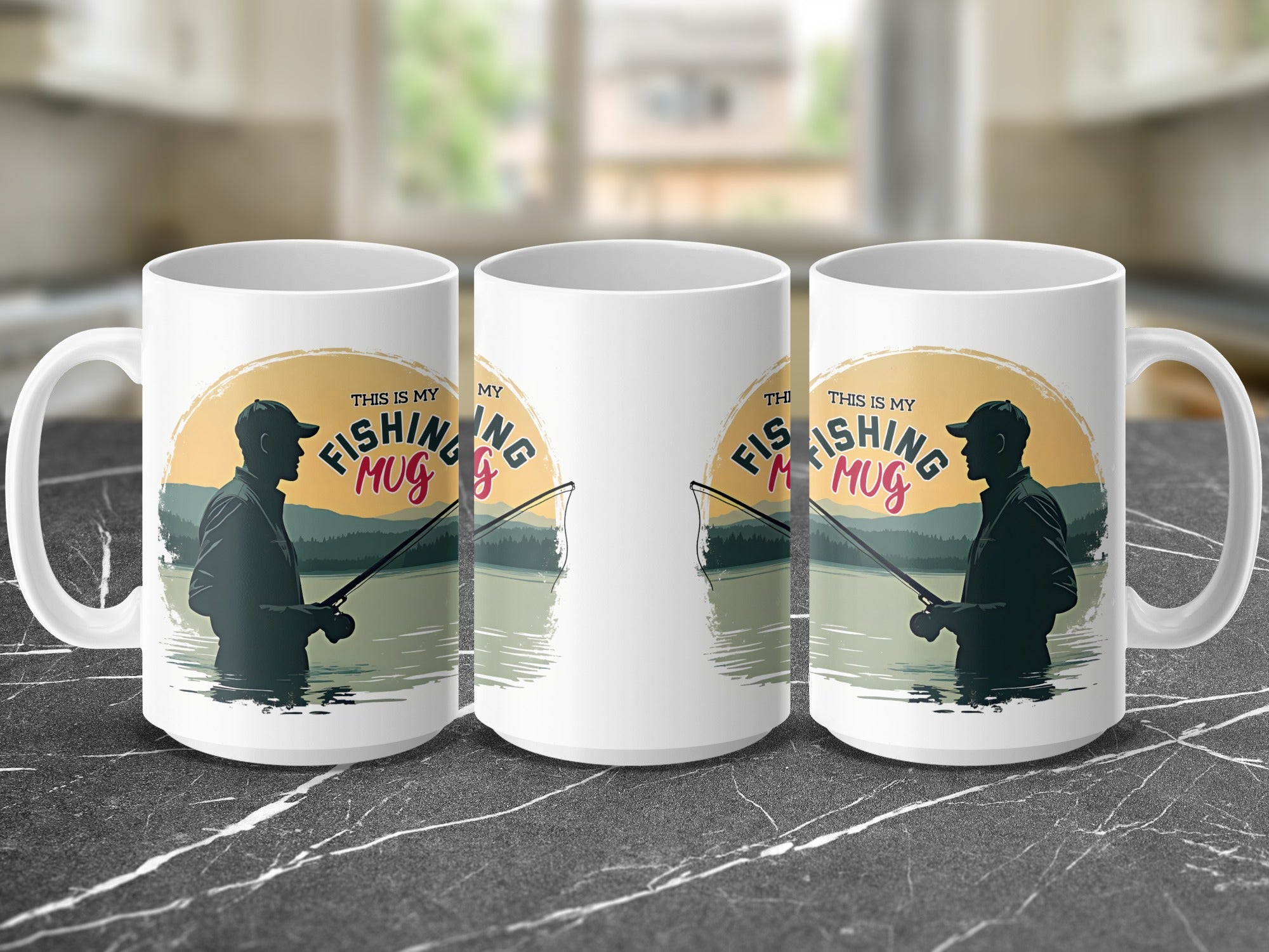 White mug with fisherman silhouette and "My Fishing Mug" text.