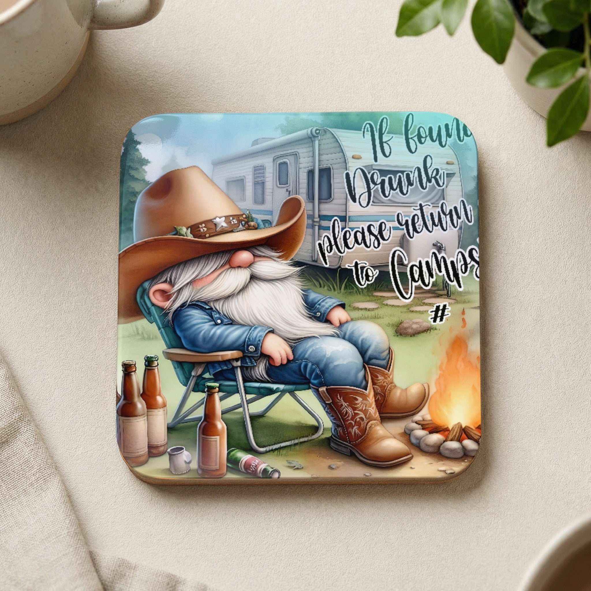 Gnome in cowboy hat and boots sitting by campfire, with RV and beer bottles.