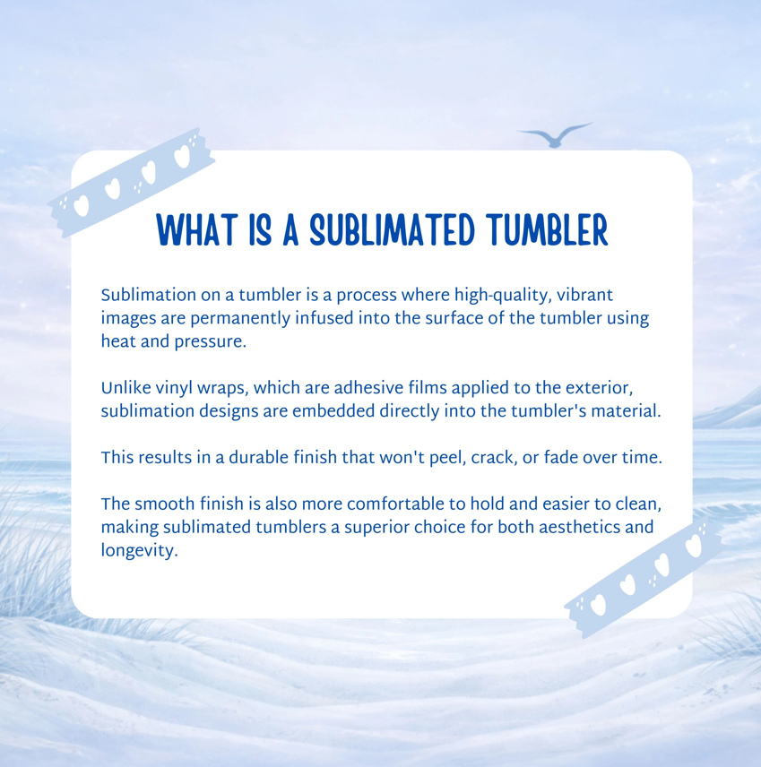 Sublimated tumbler description explaining durable, infused image process.