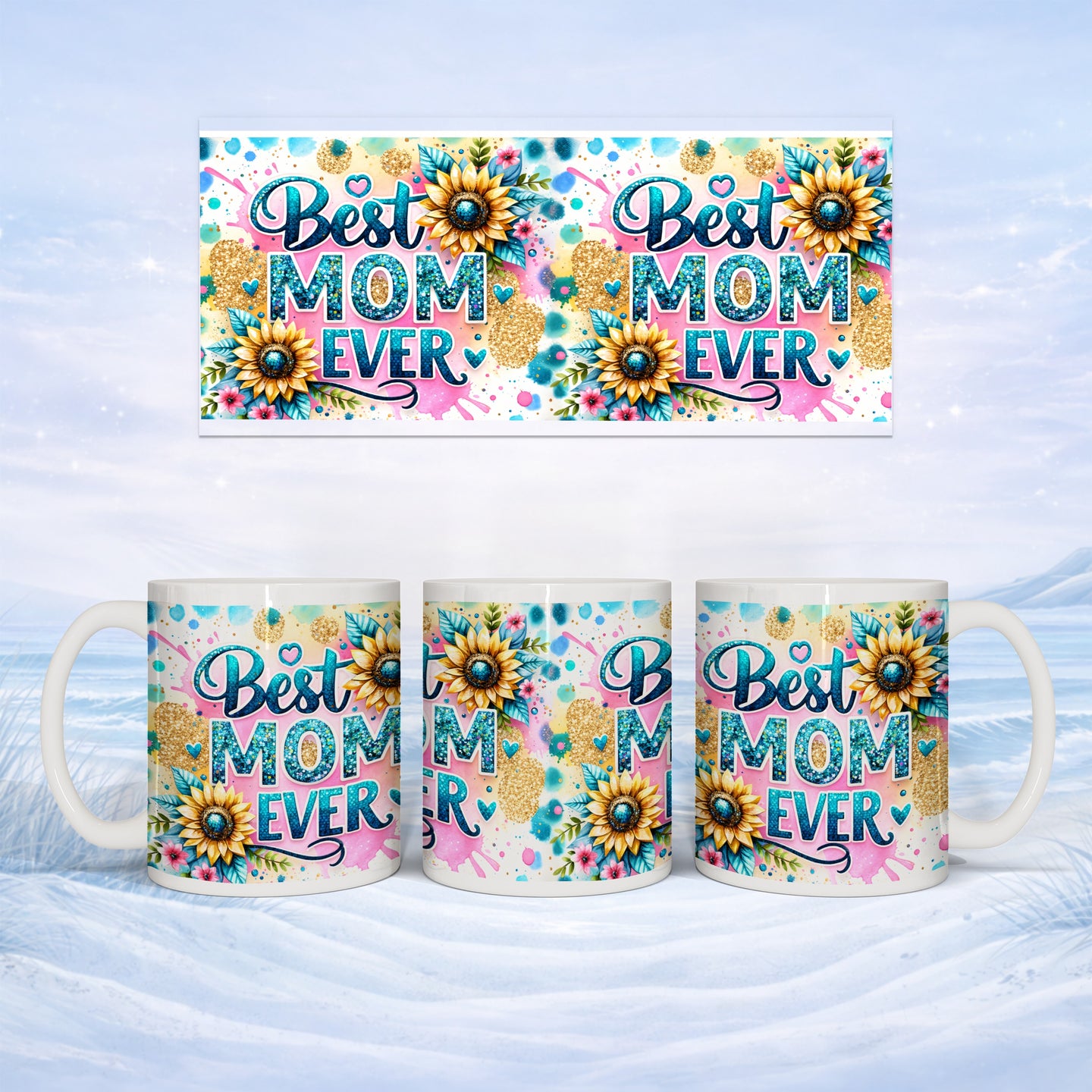 White mug with "Best Mom Ever" and sunflower design.